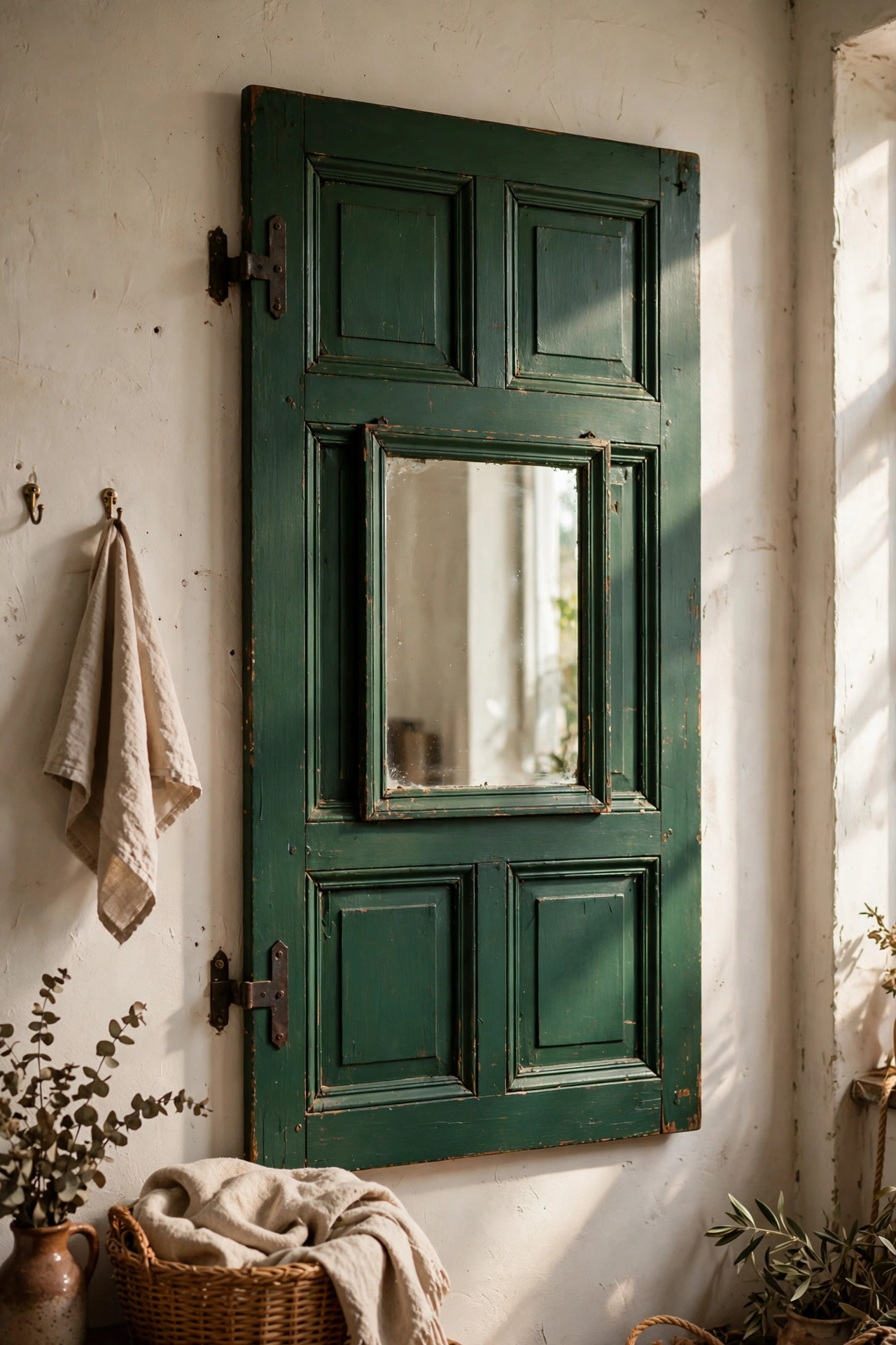 Old cabinet door painted green with mirror in the panel