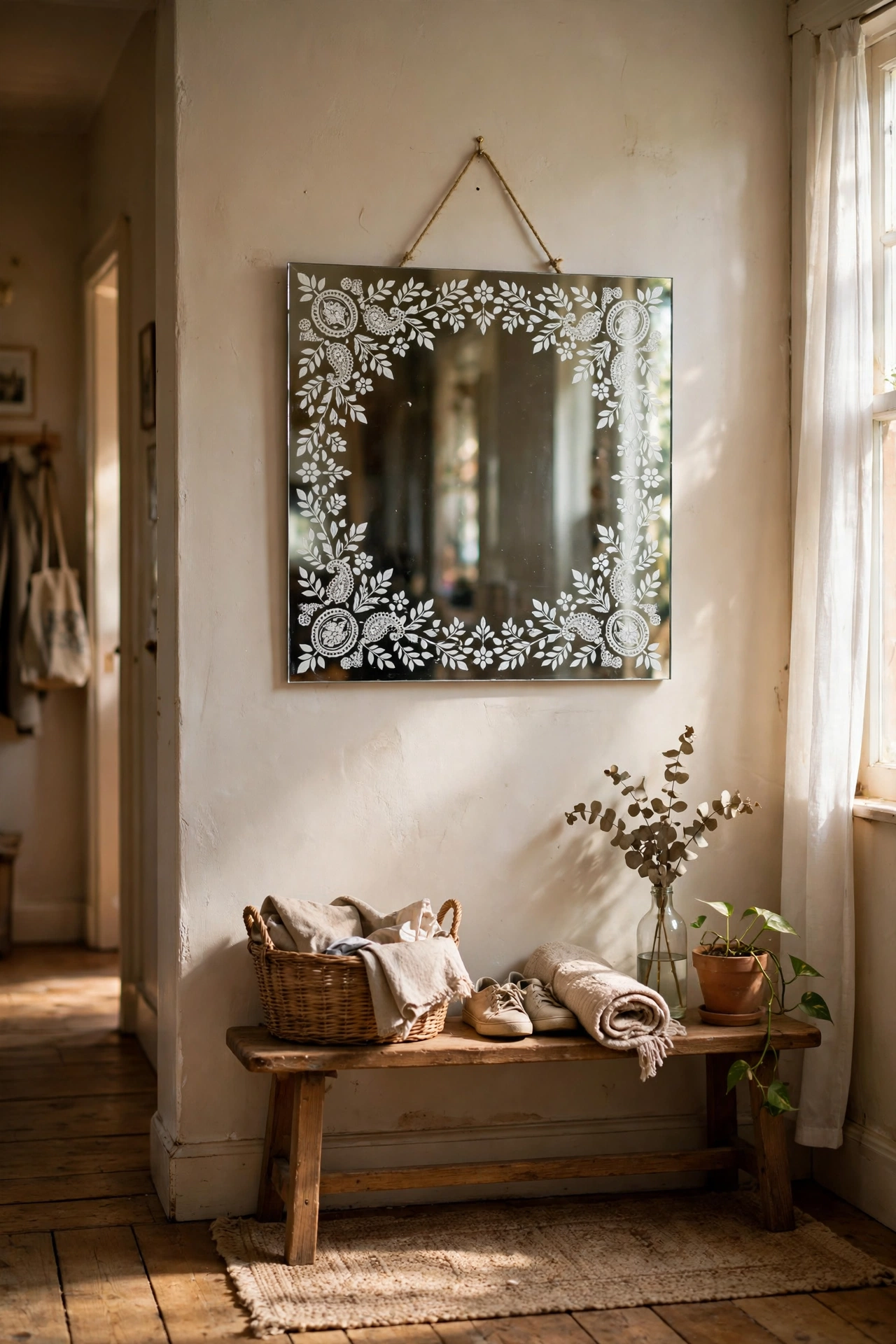 Square mirror with white stencilled damask border on glass