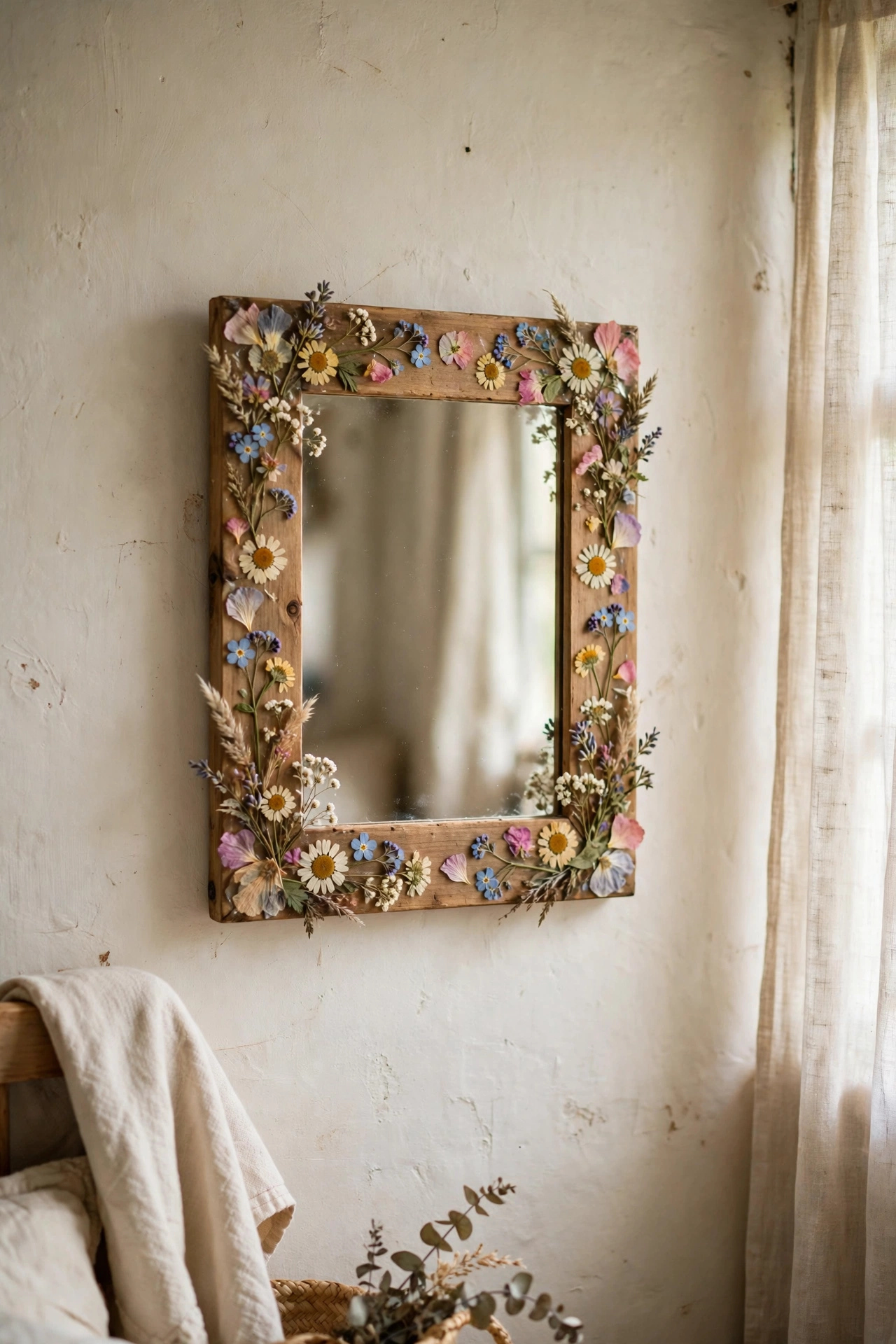 Small mirror with pressed flowers sealed around the frame