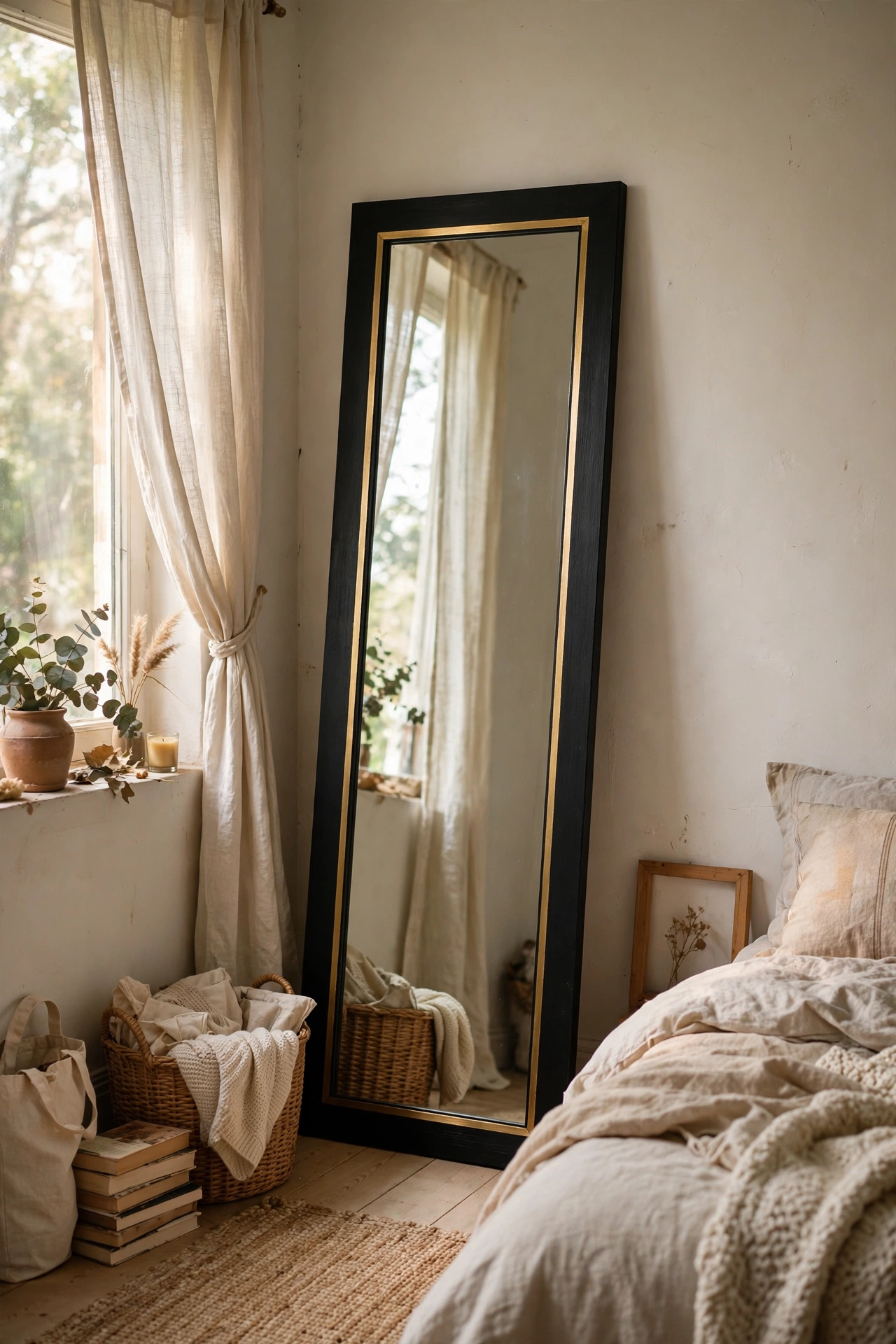 Full-length leaner mirror with gold painted border stripe