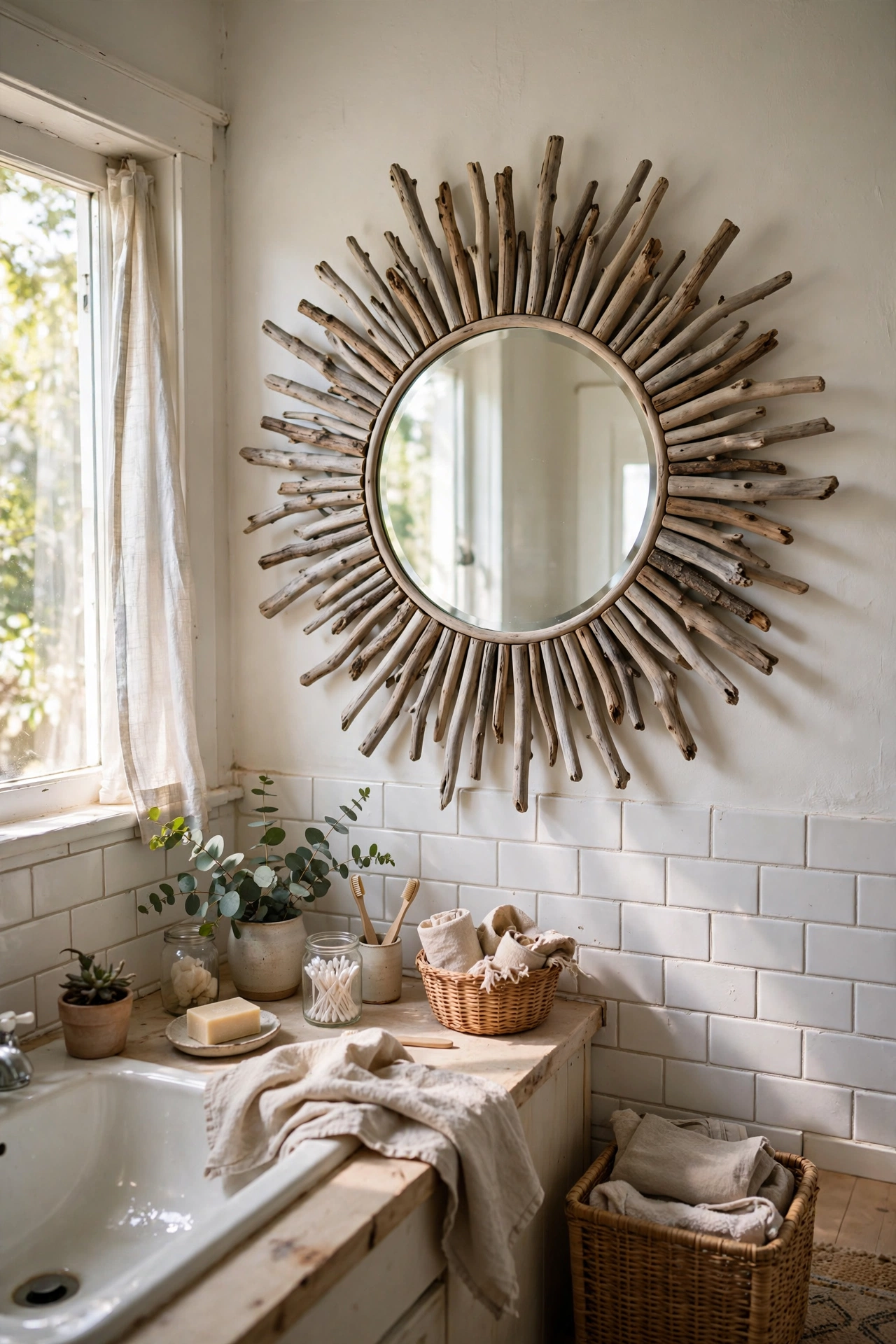 Round mirror framed with radiating driftwood pieces