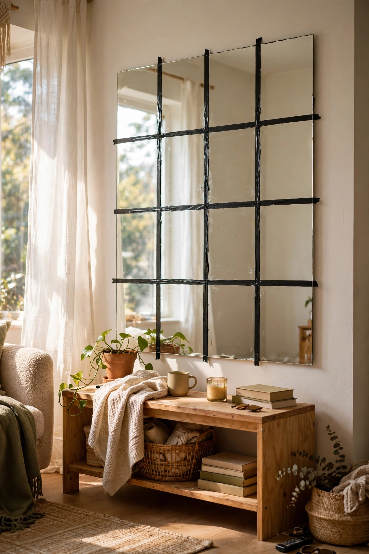 Large mirror with black tape grid making faux windowpanes