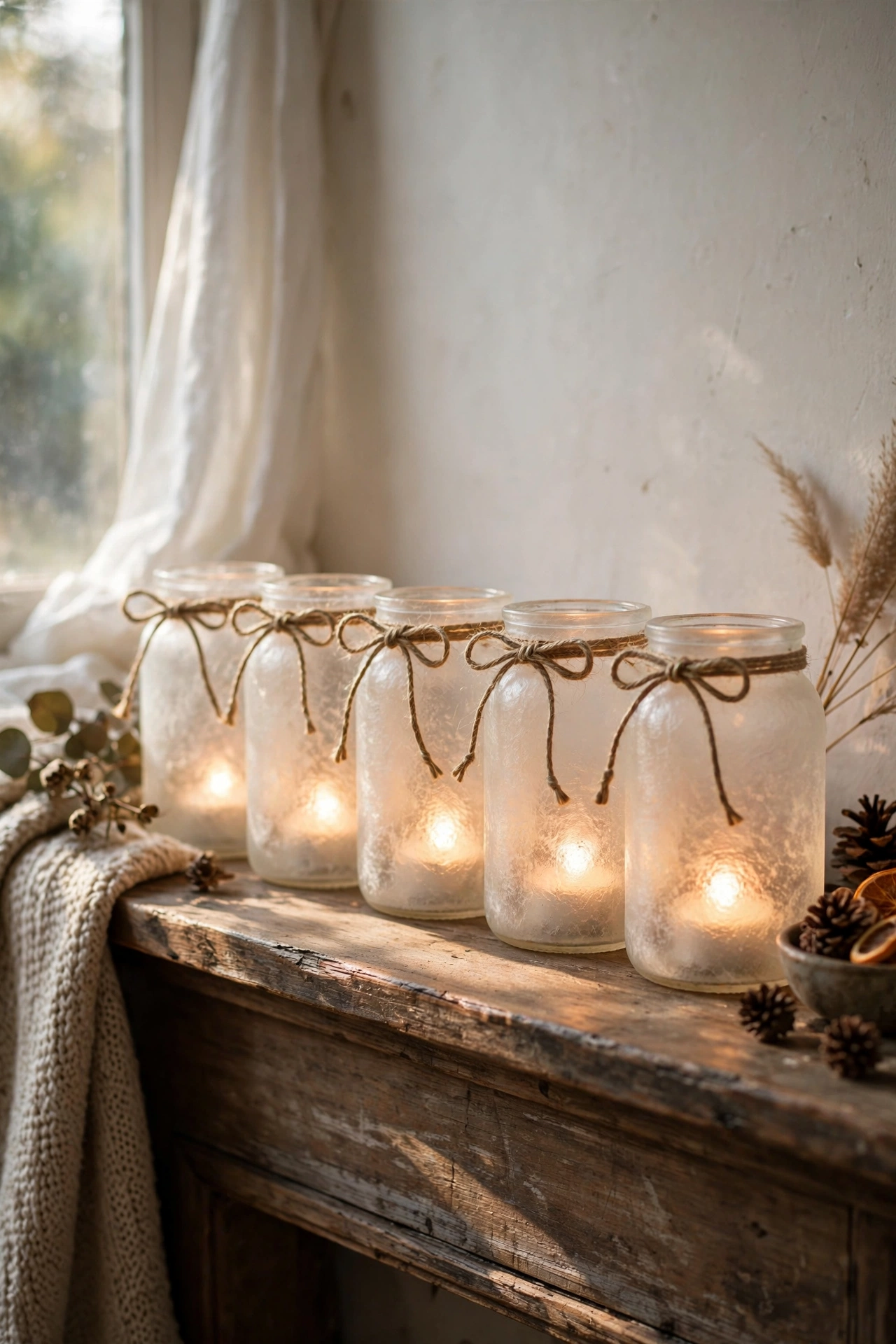 Frosted glass jars glowing with battery tea lights on a mantel