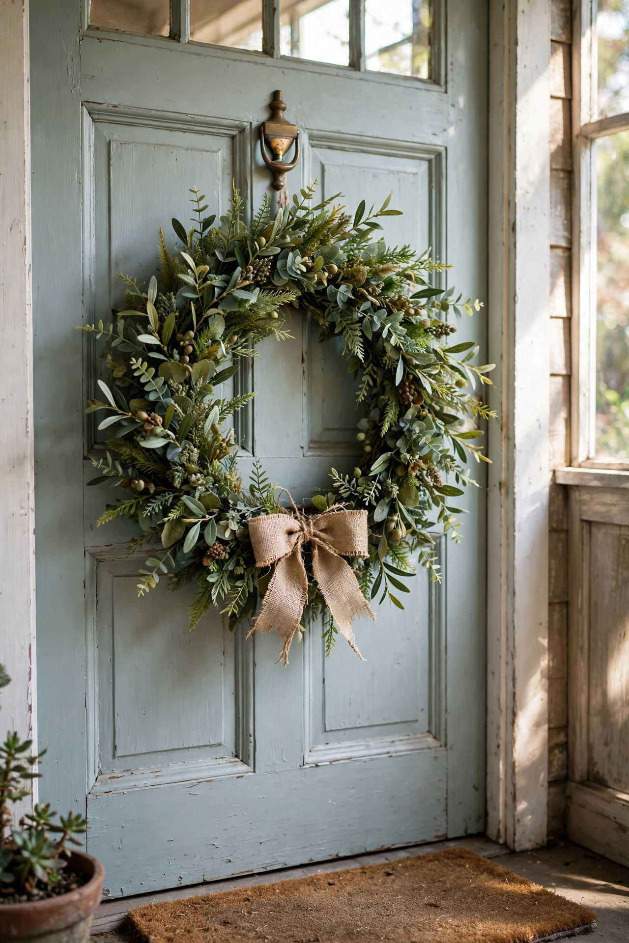 Full faux greenery wreath with burlap bow on front door