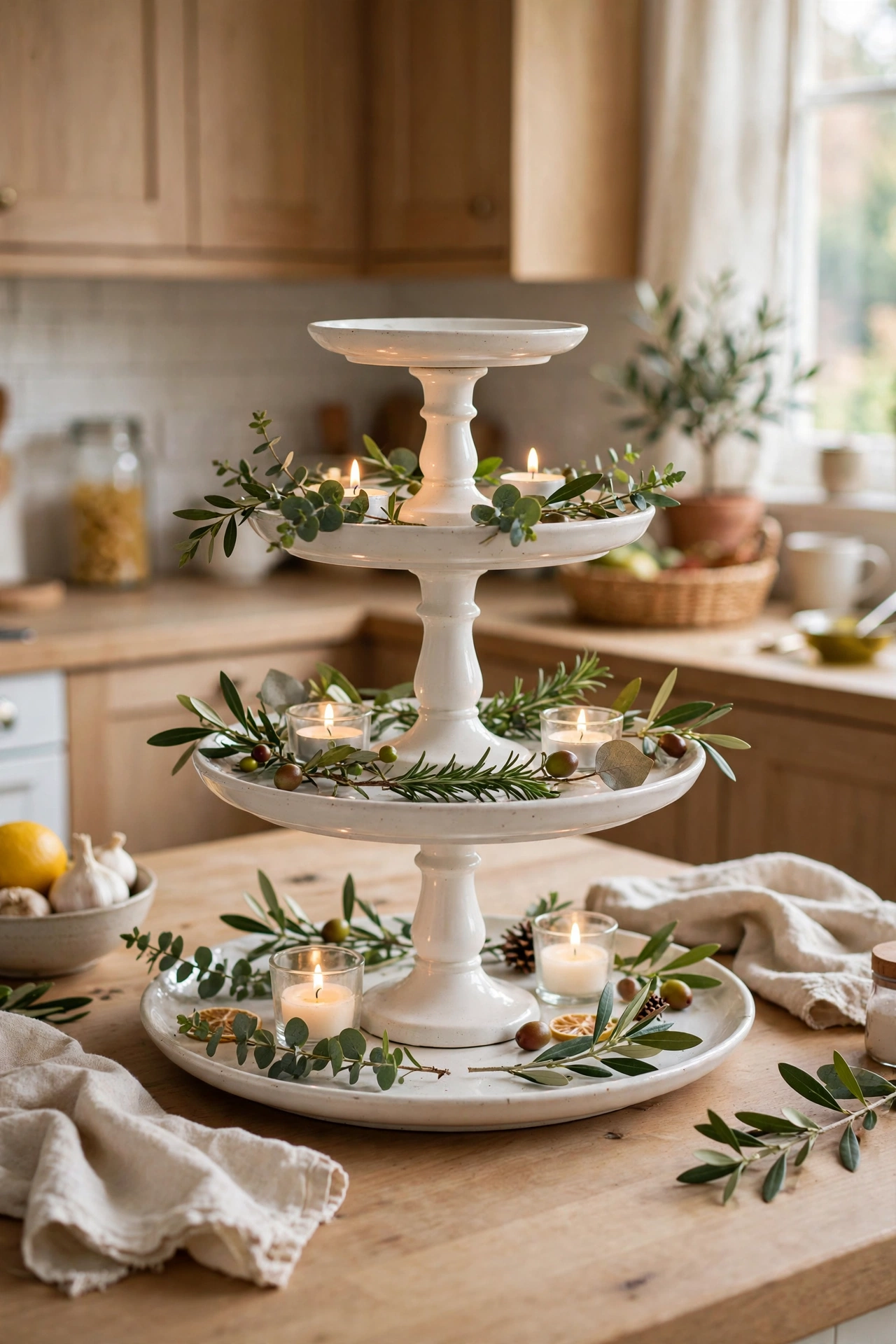 Three-tier tray made from plates and candlesticks with candles