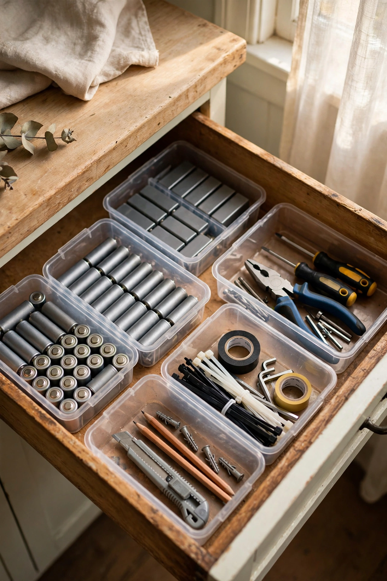 Tidy kitchen drawer organised with small plastic bins