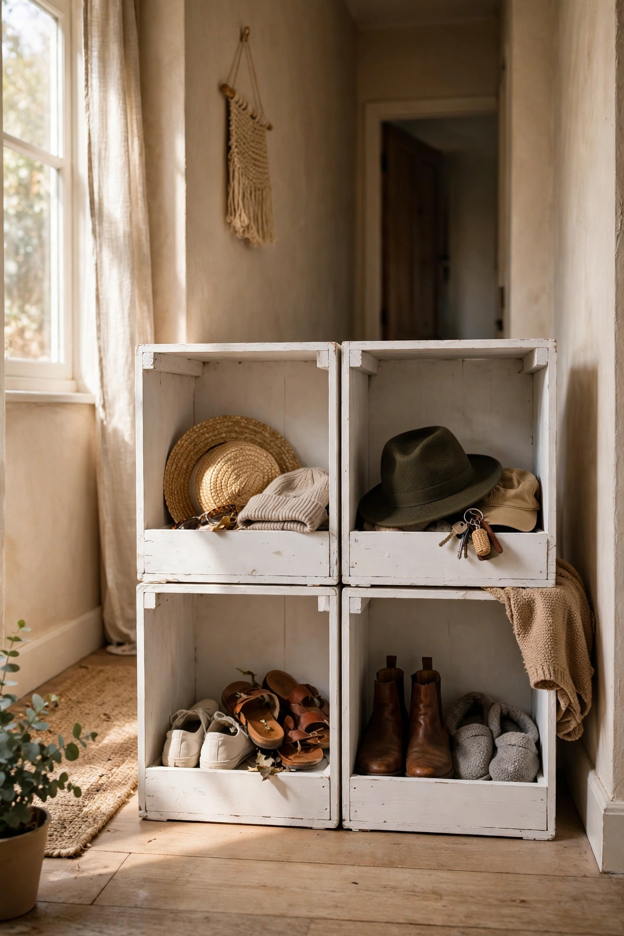 Stacked white painted wooden crates as hallway cubby storage