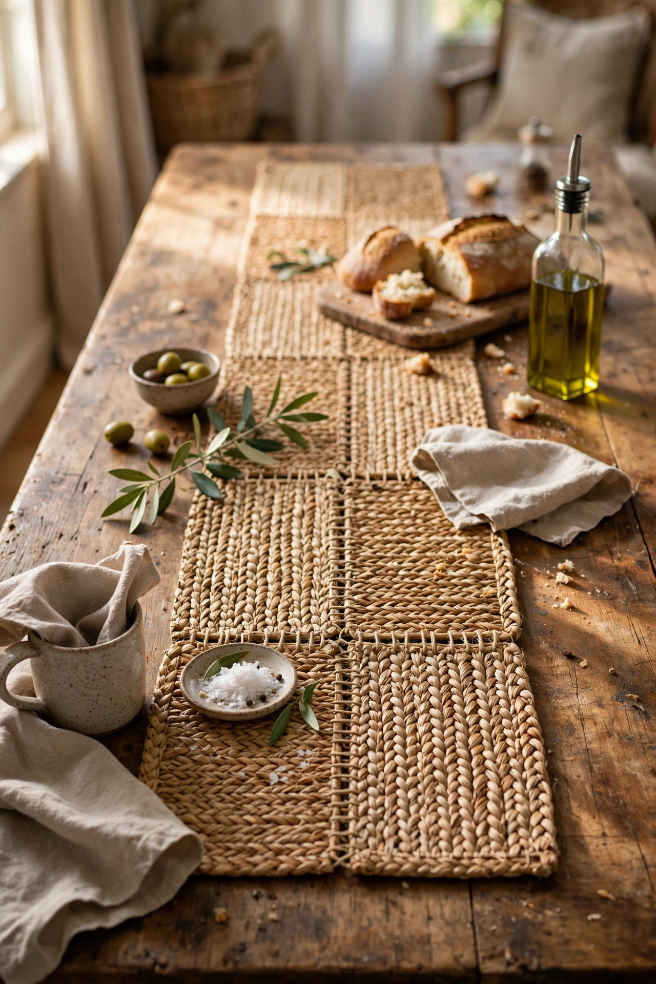 Table runner made from joined woven placemats on dining table