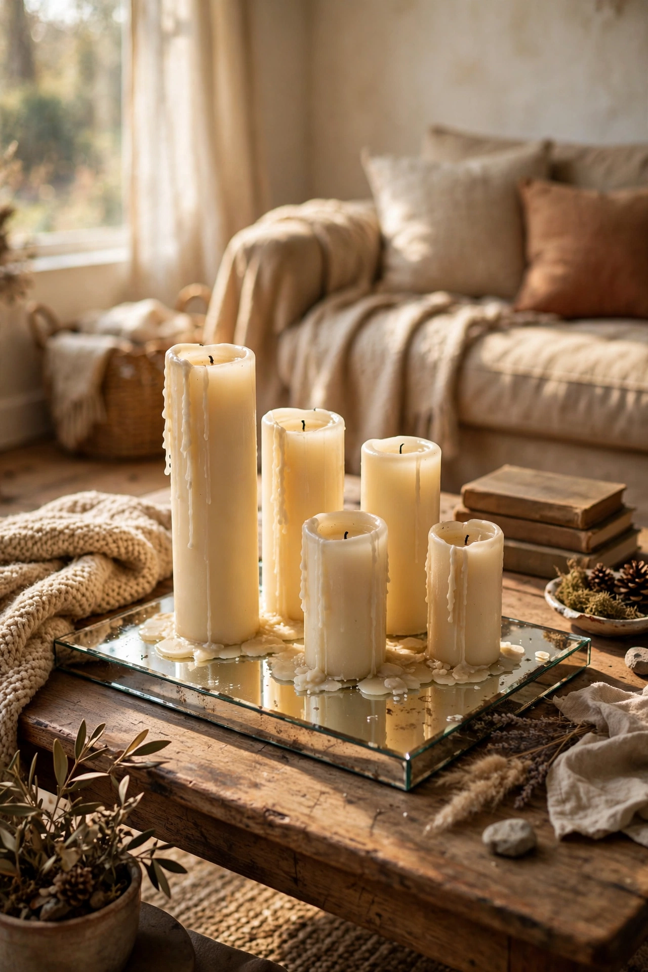 Pillar candles grouped on a mirrored tray centrepiece