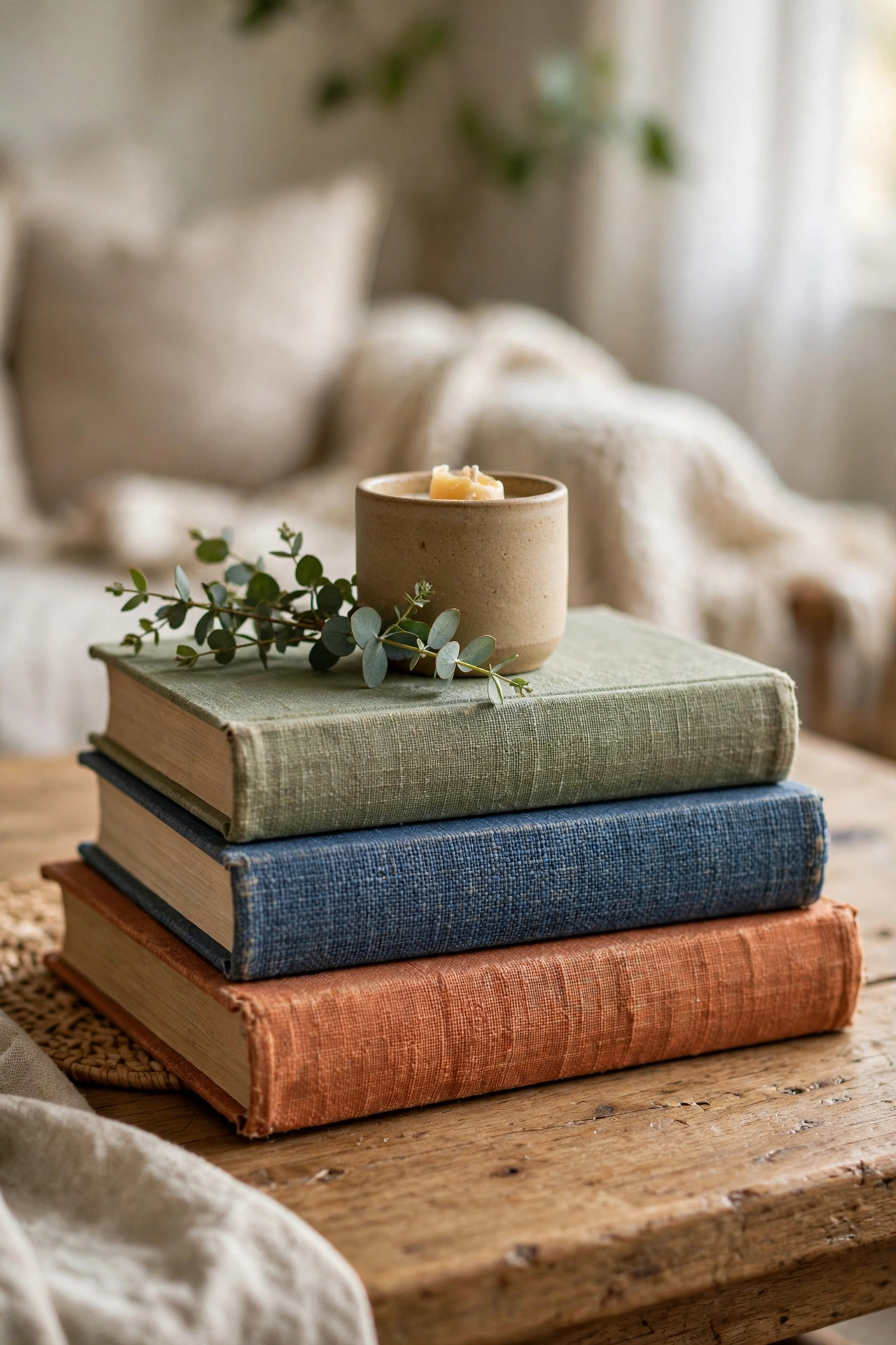 Stack of decorative books topped with a candle and greenery