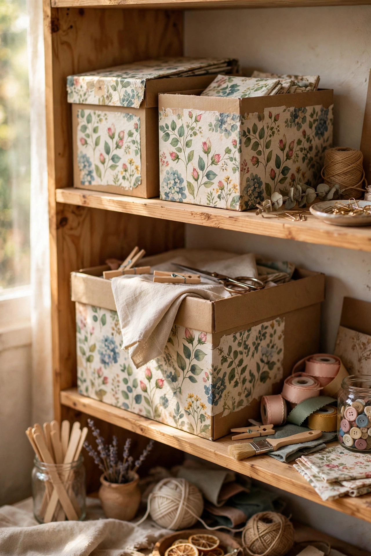 Storage boxes covered with floral napkin decoupage