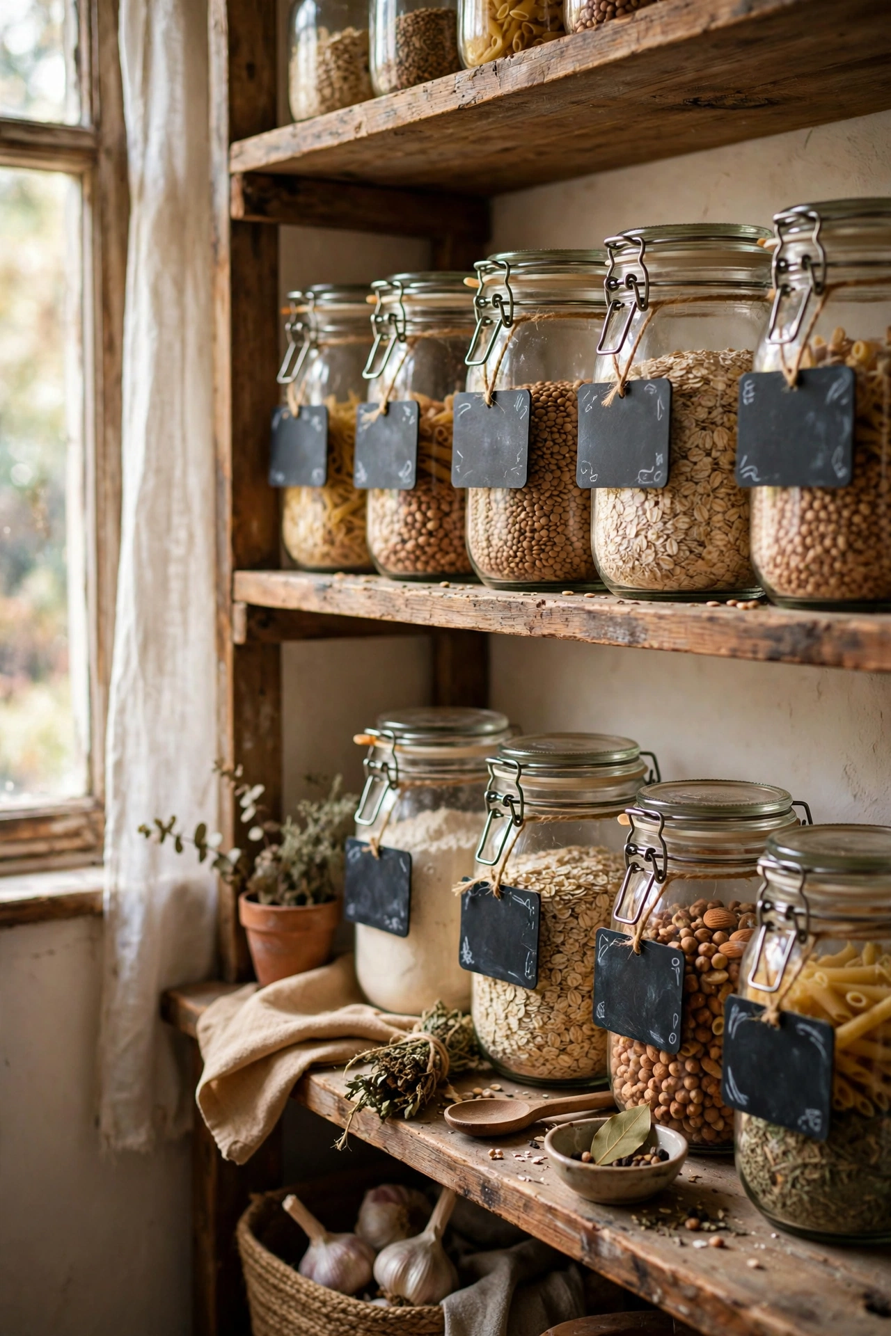 Pantry jars with chalkboard labels on wooden shelves