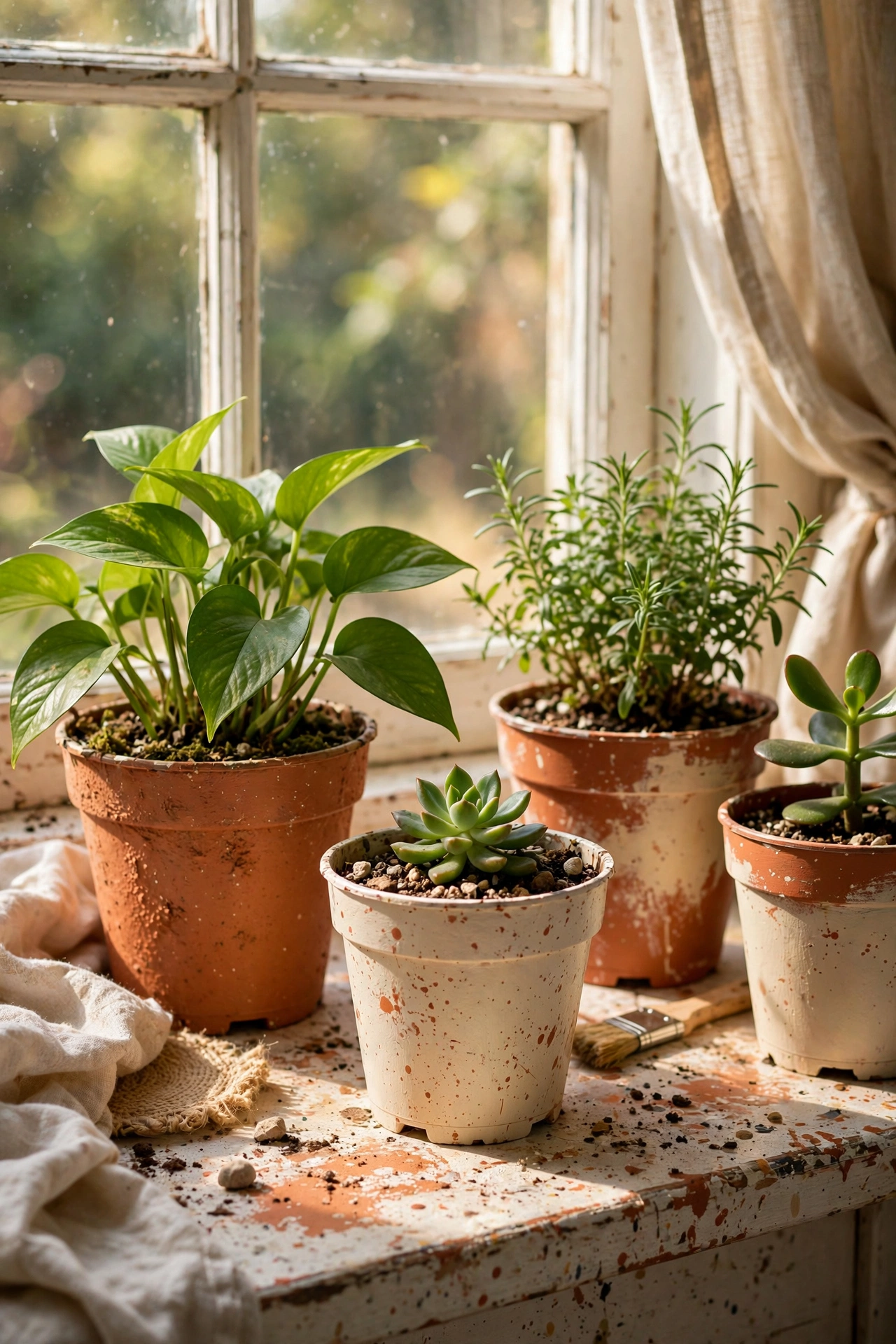 Plastic nursery pots spray painted terracotta and cream