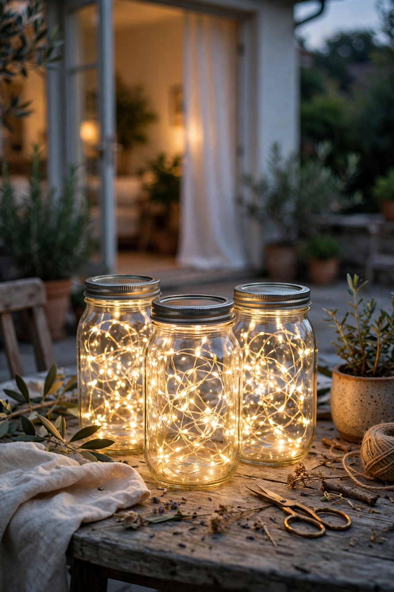 Mason jars filled with warm fairy lights on a patio table