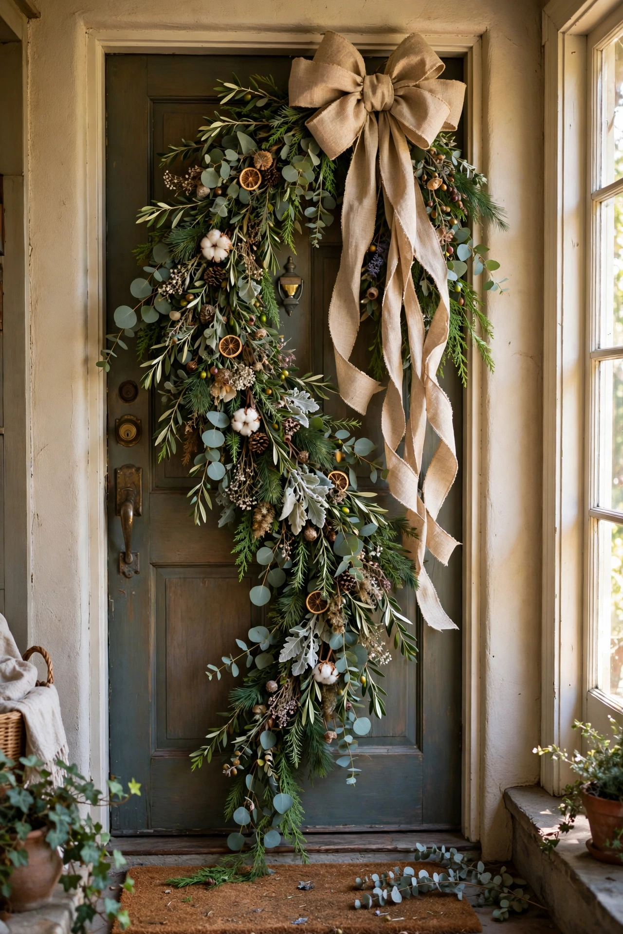 Cascading greenery door swag with ribbon bow
