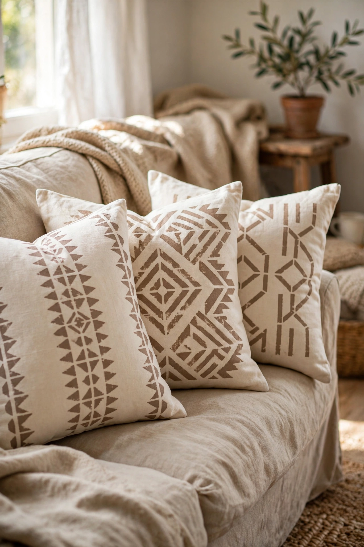Cream pillow covers with stencilled geometric fabric paint pattern