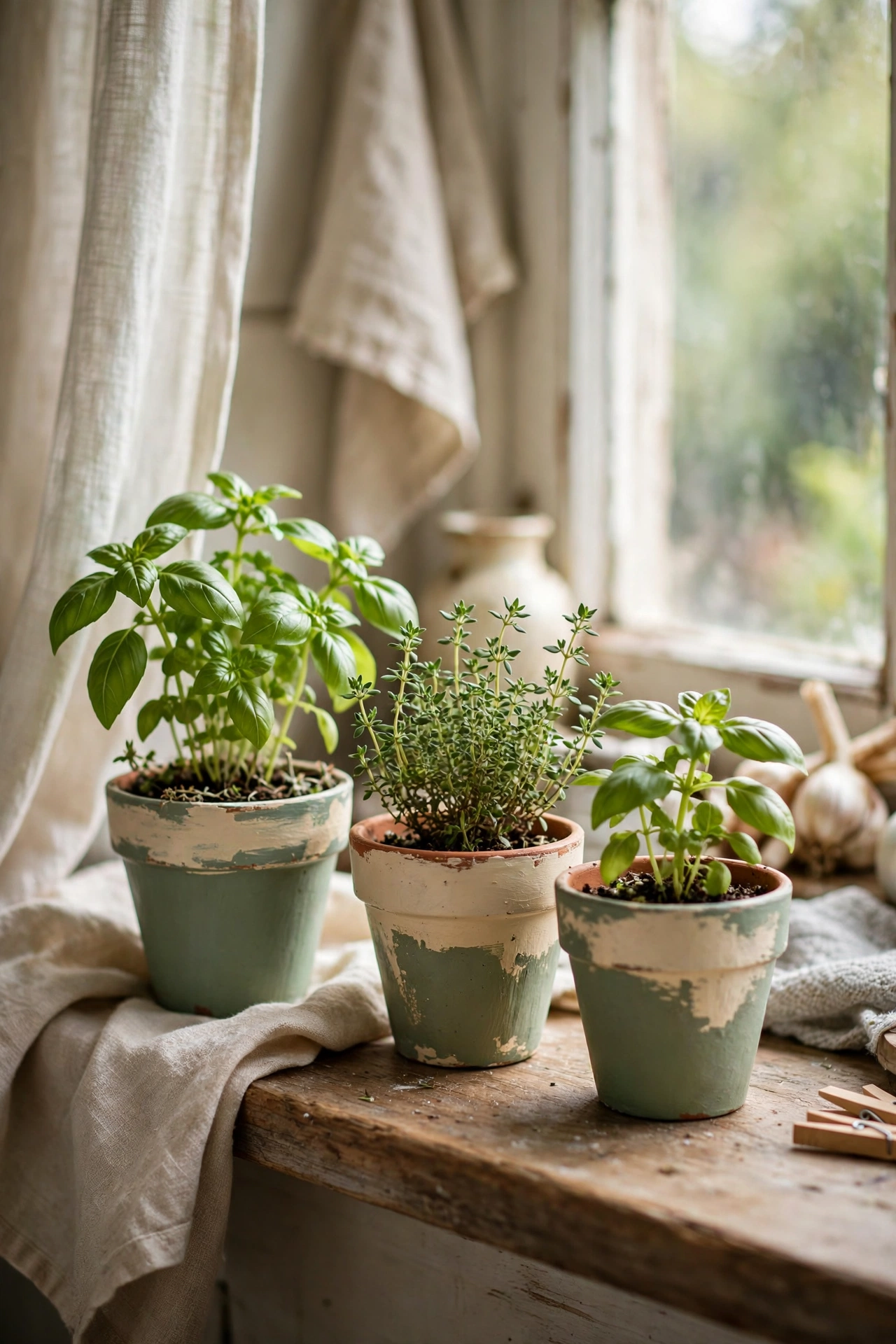Small terracotta pots painted sage and cream with kitchen herbs