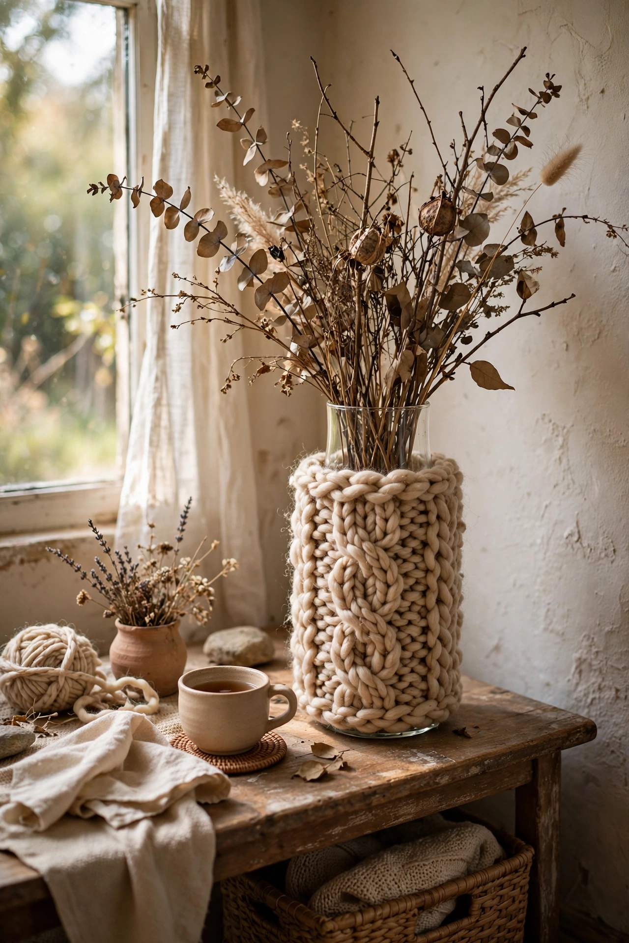 Tall glass vase wrapped in chunky natural yarn