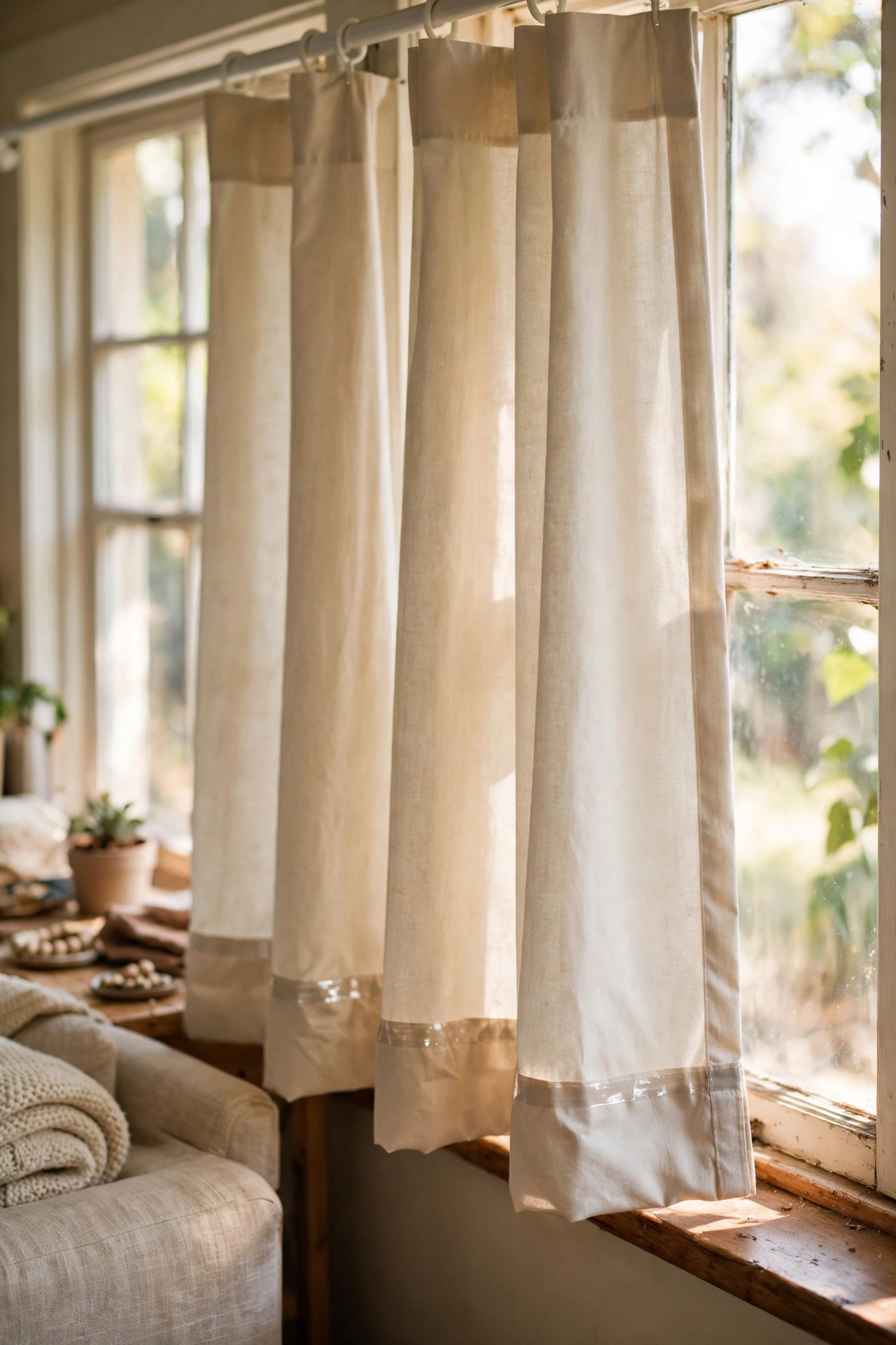 Budget curtain panels hemmed to the perfect length with hem tape