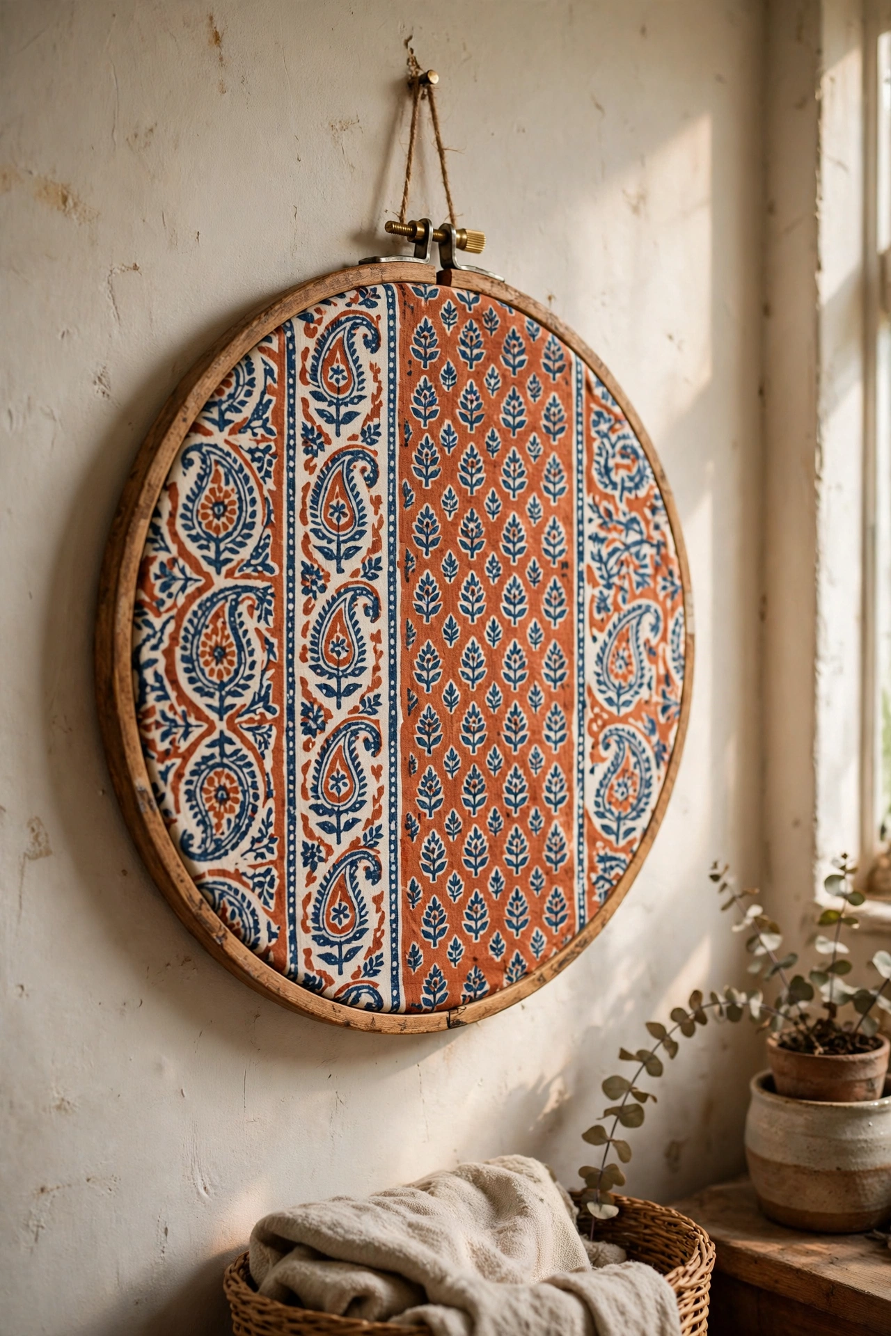 Block-printed fabric stretched in a wooden embroidery hoop