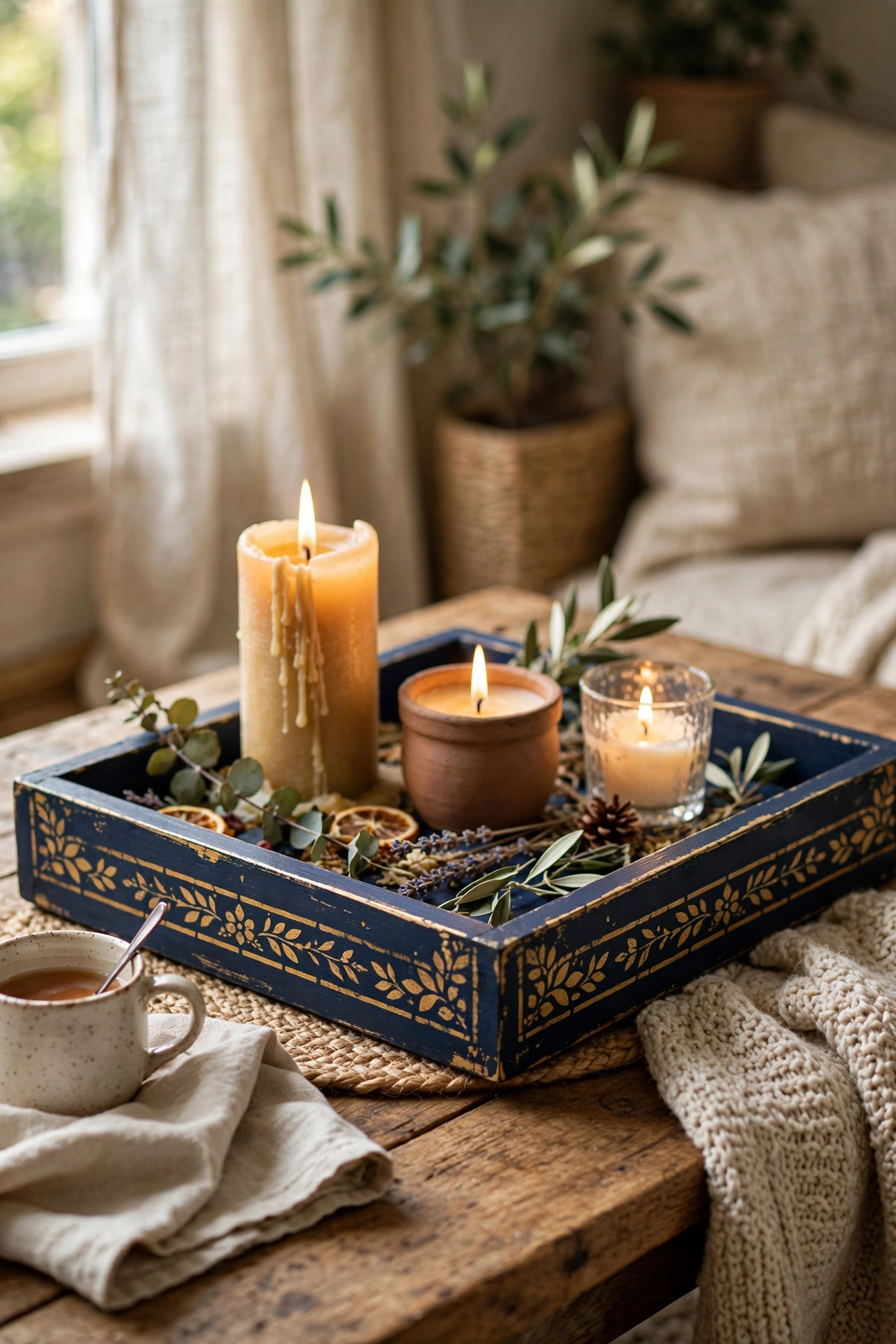 Wooden serving tray painted navy with gold stencilled border