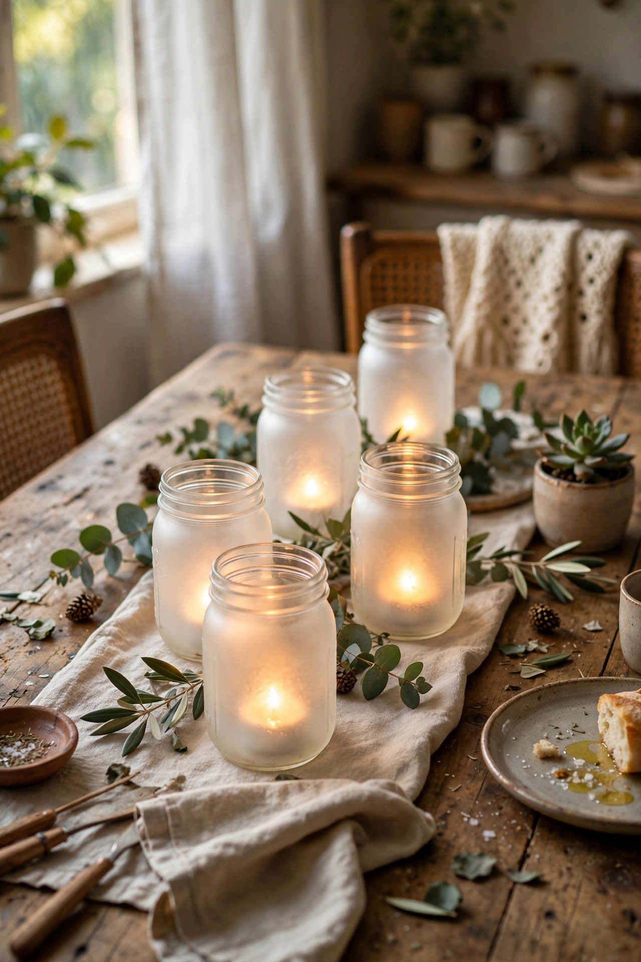 Frosted mason jars glowing with tea lights on a dining table
