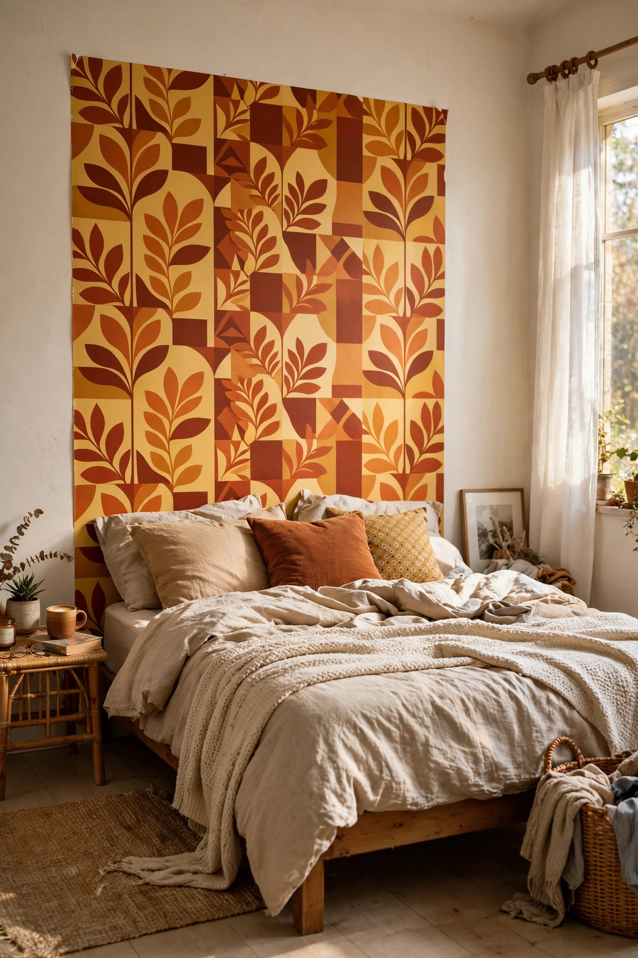 Peel-and-stick wallpaper panel framed behind a bed