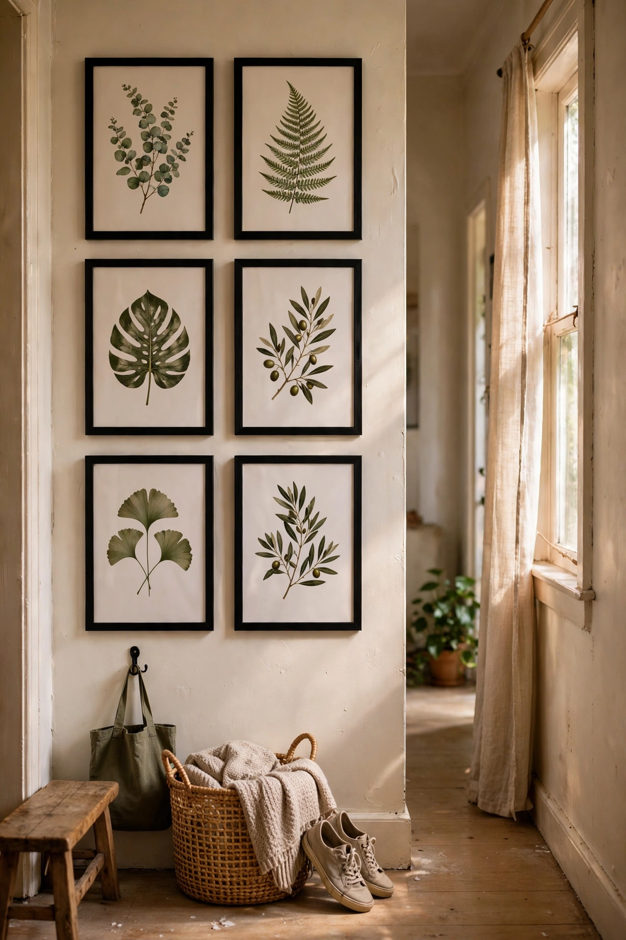 Gallery wall of printable botanical art in matching black frames