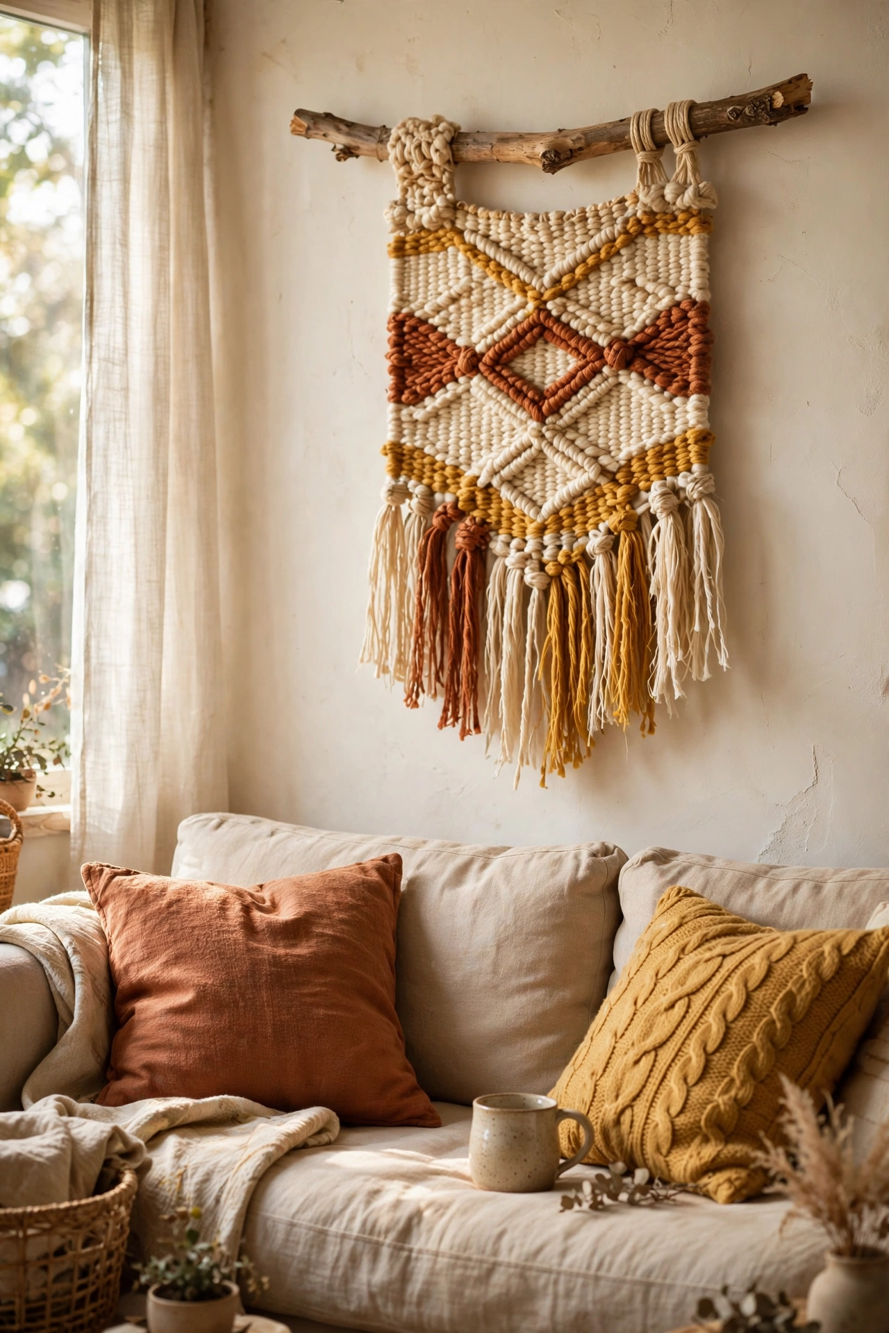 Woven yarn wall hanging knotted on a natural branch