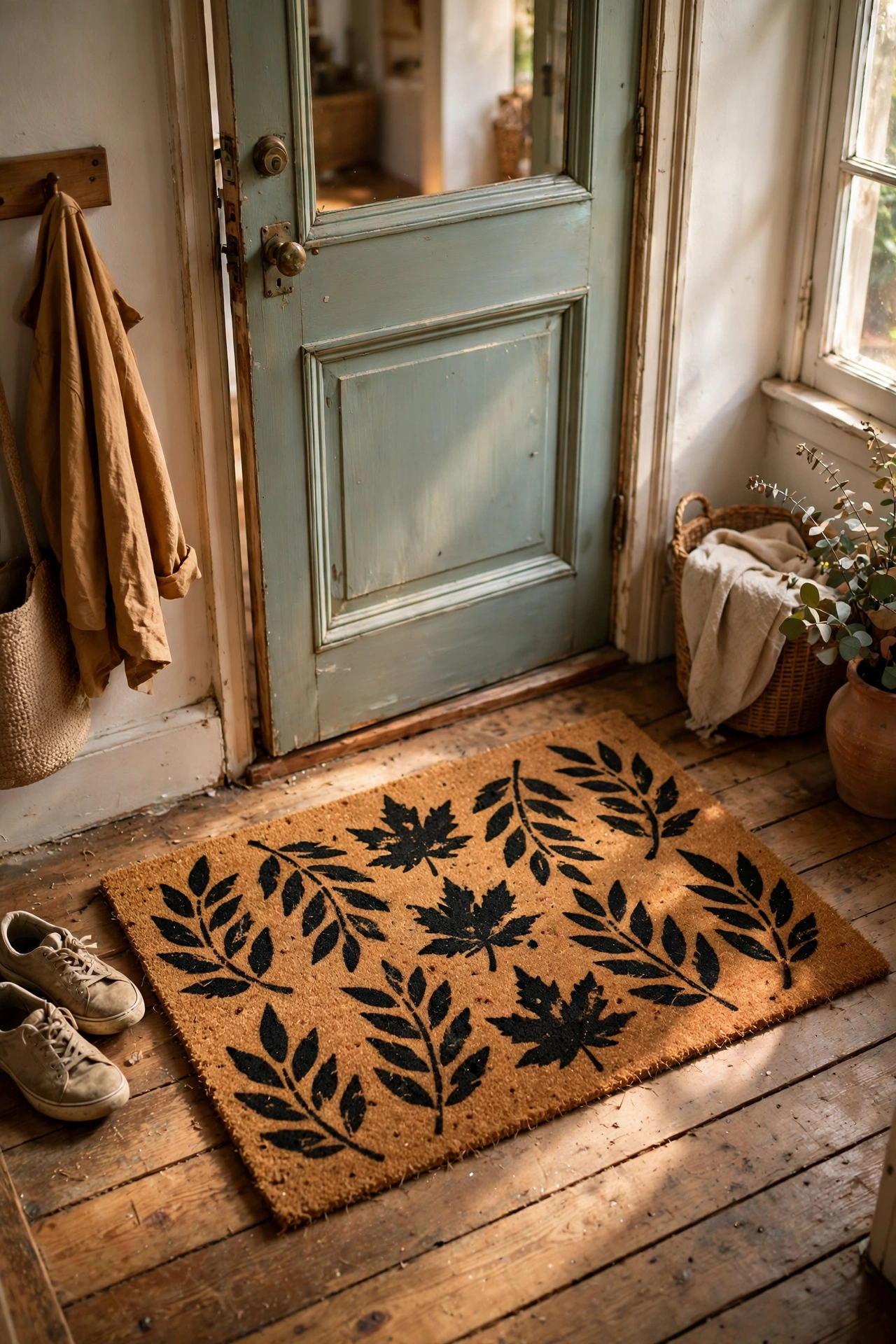 Coir doormat with hand-stencilled black leaf pattern