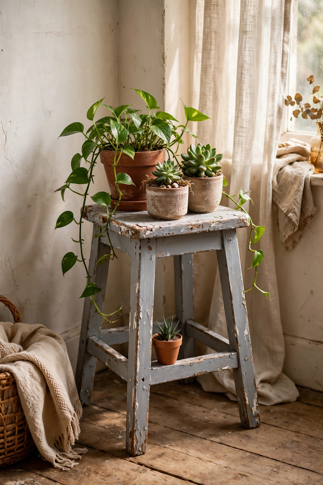 Wooden stool painted soft grey with chalk paint as plant stand