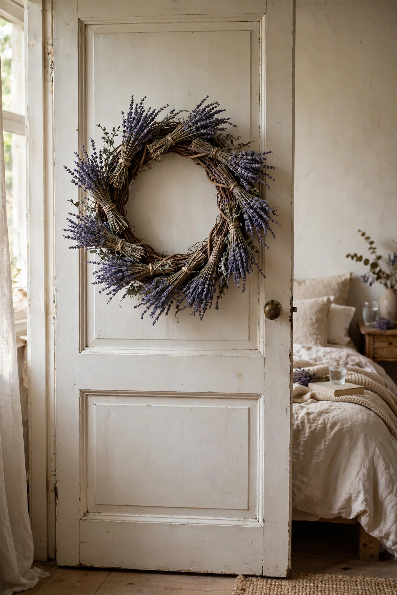 Wreath of dried lavender on a bedroom door