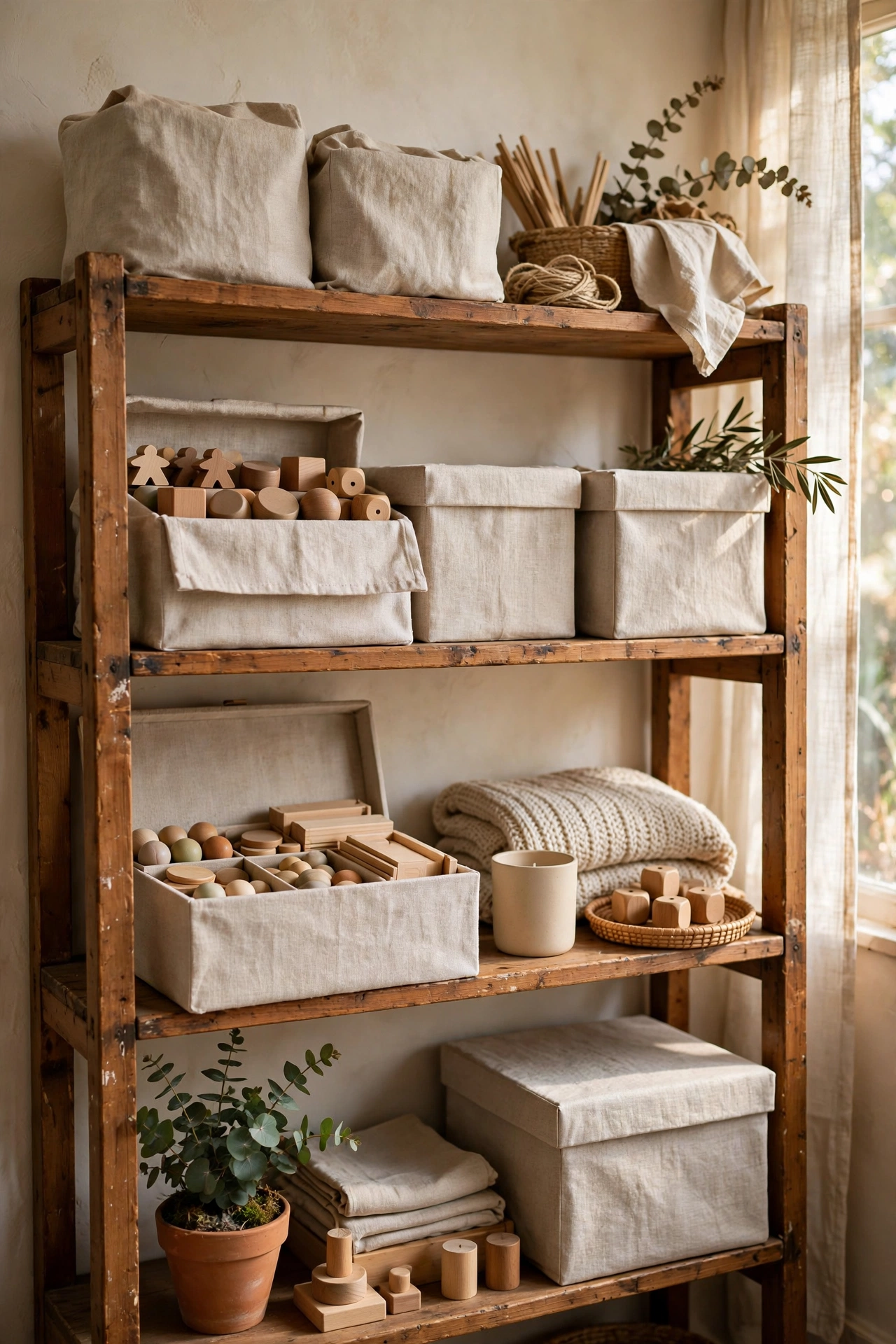 Cardboard boxes covered in neutral linen-look fabric on bookshelf