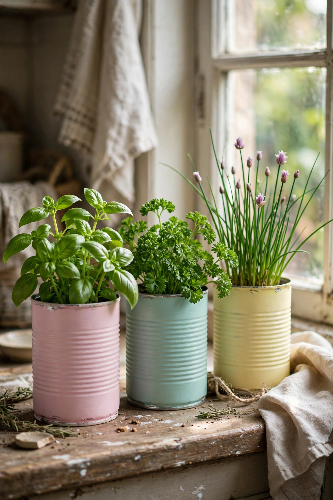 Tin cans painted pastel holding herbs on a windowsill