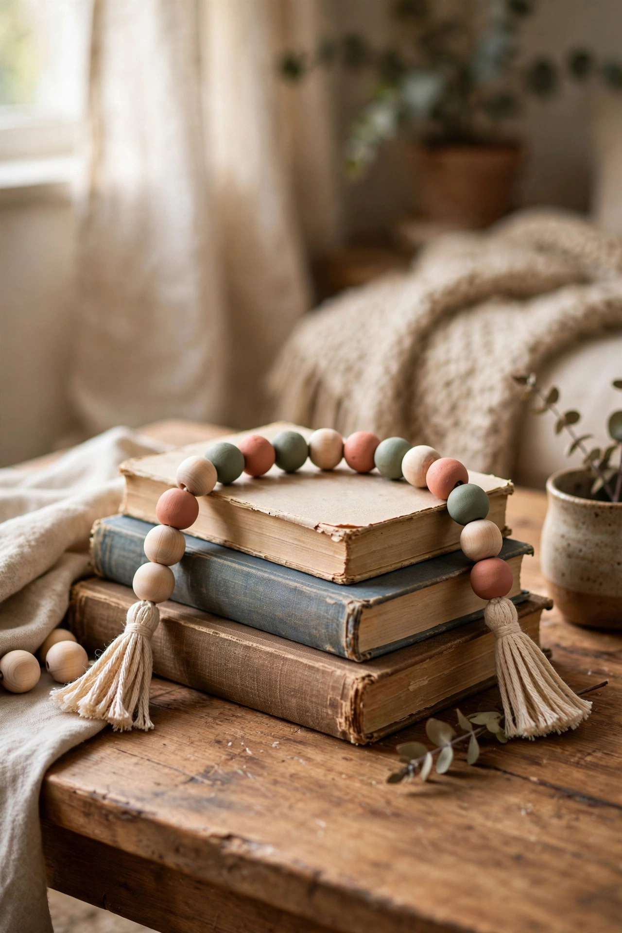 Garland of painted and natural wooden beads on books
