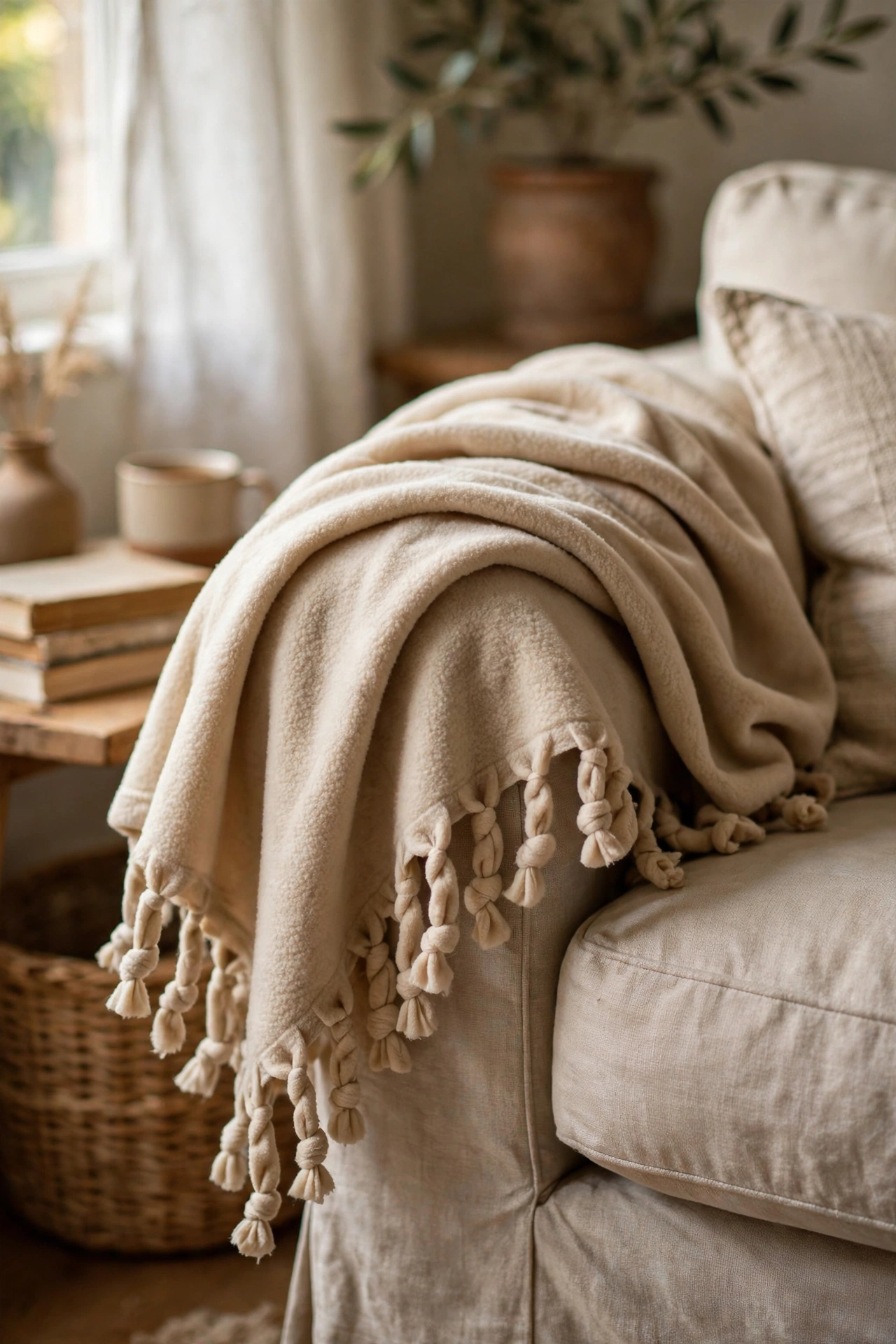 No-sew fleece throw blanket with knotted fringe on a sofa