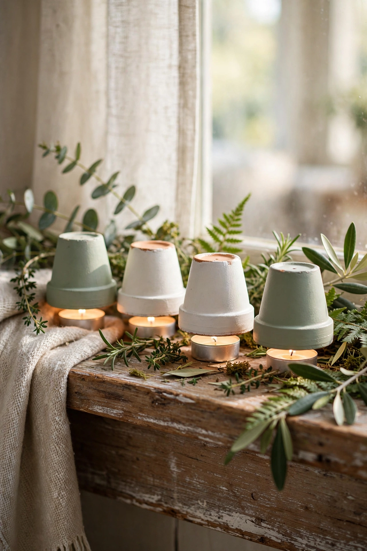 Mini terracotta pots upside down as tea light candle holders