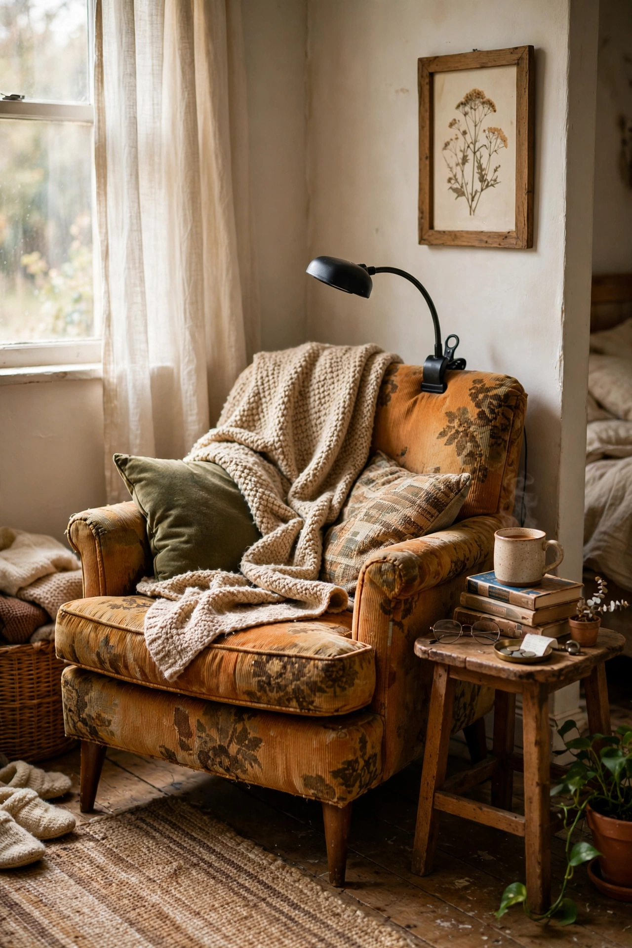 Cosy reading nook with armchair throw and reading light