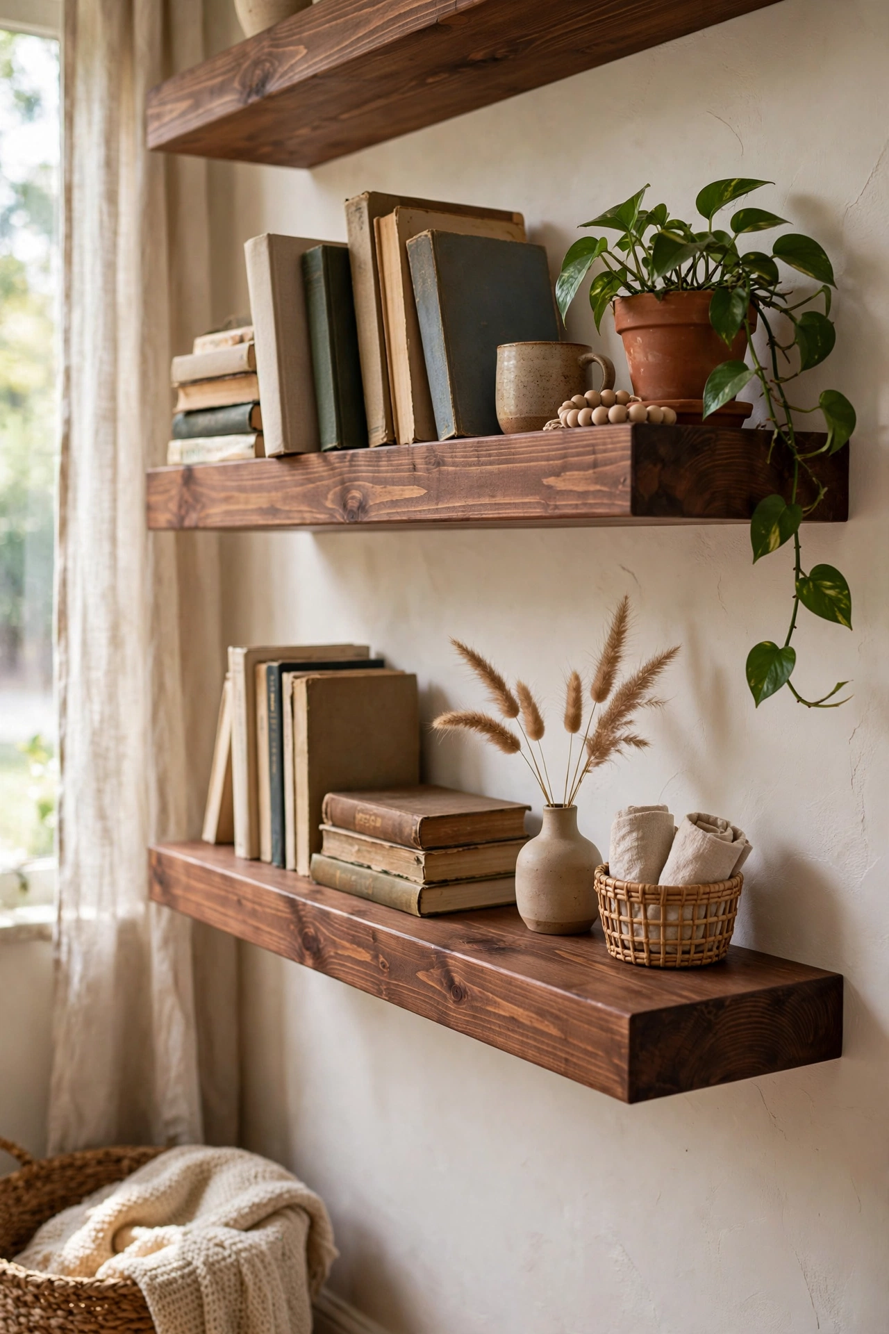 Thick walnut-stained pine floating shelves with hidden brackets