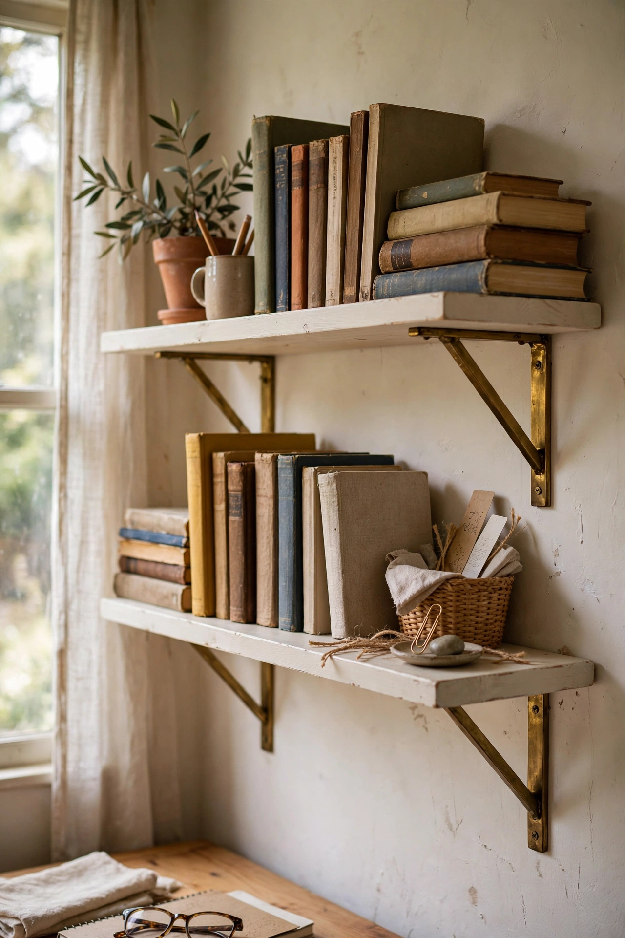 Pine shelves mounted on gold-painted brass brackets in an office