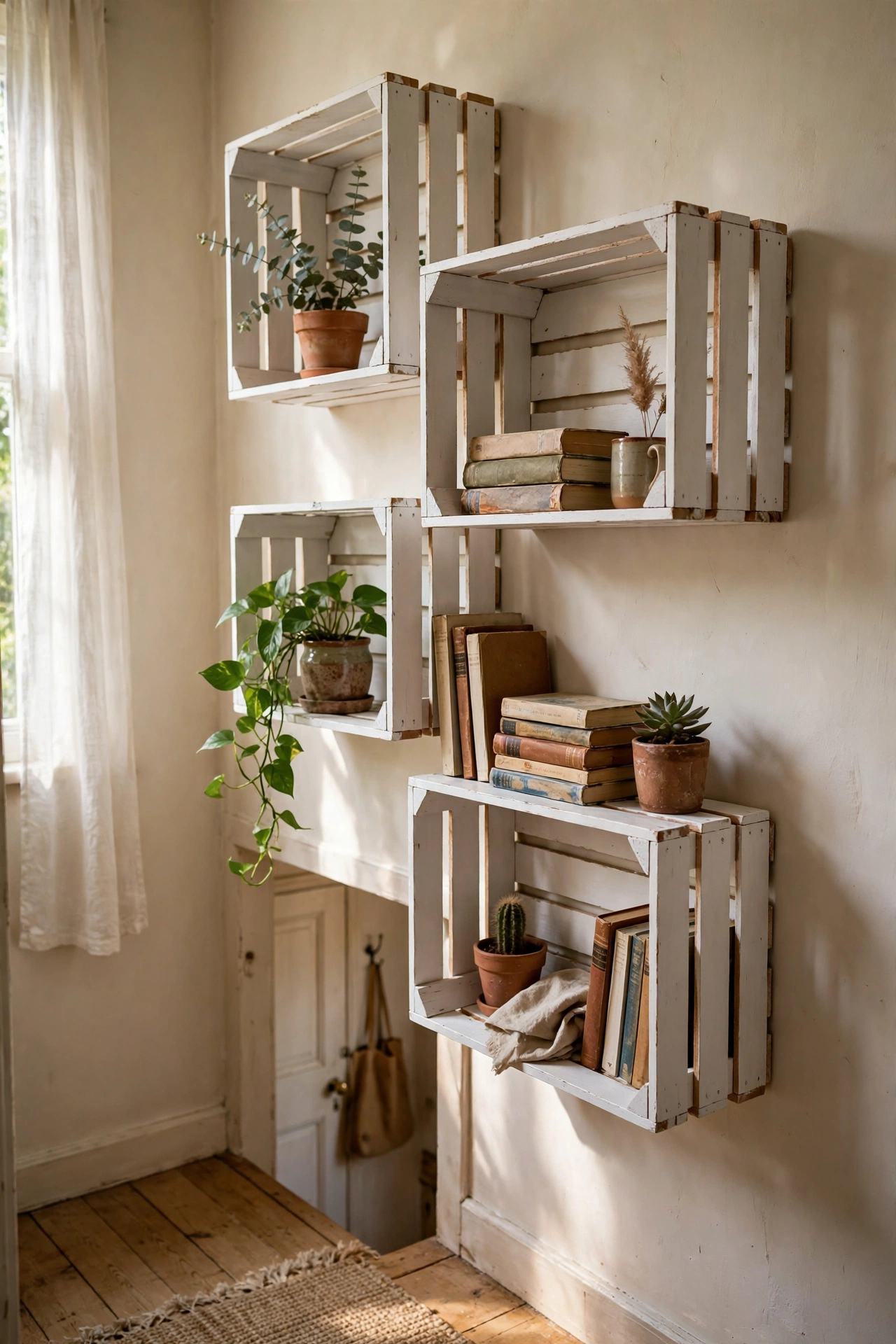 White painted wooden crates mounted as staggered wall shelves