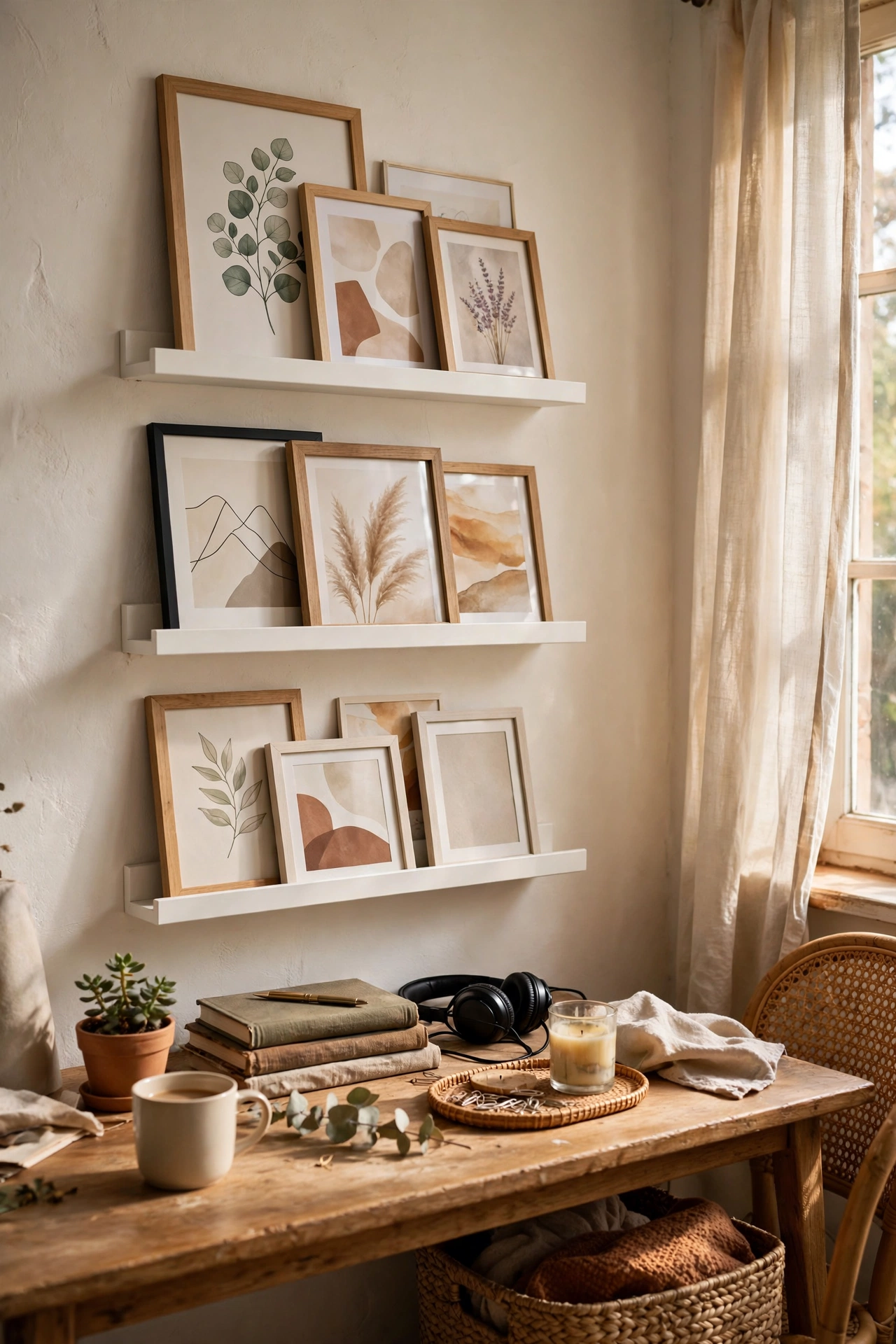 White picture ledge shelves with layered framed prints