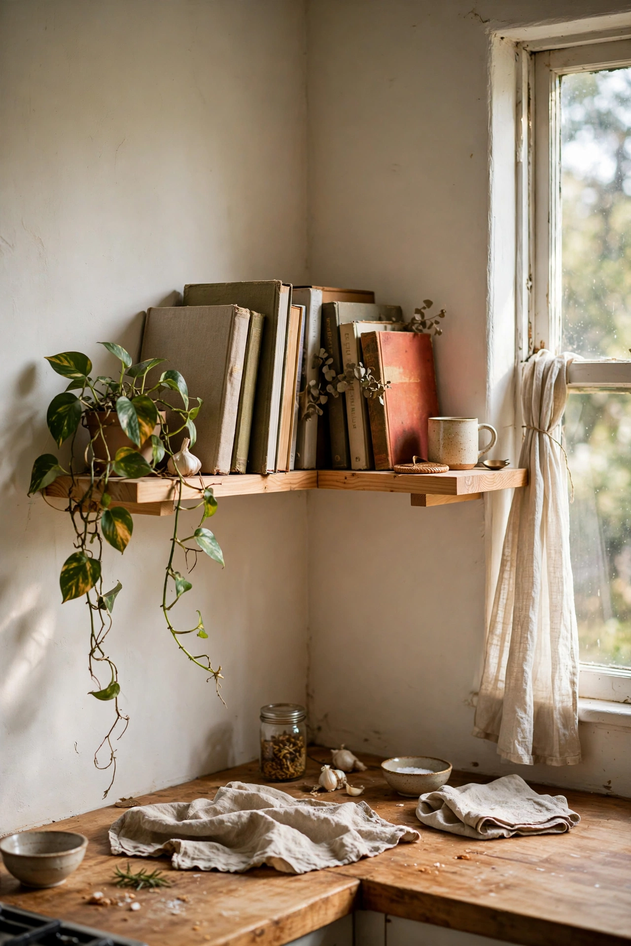 Short floating shelves meeting at a kitchen corner with cookbooks