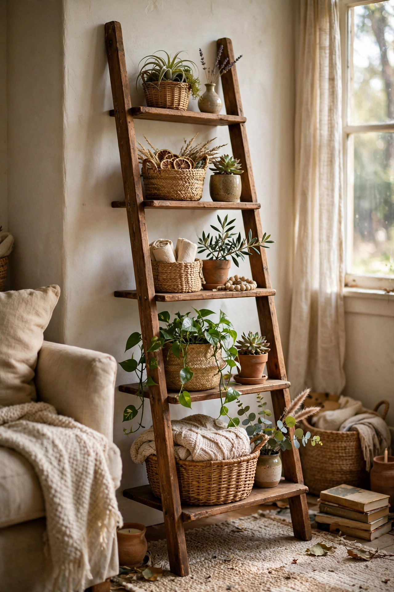 Leaning ladder shelf with graduated shelves holding baskets