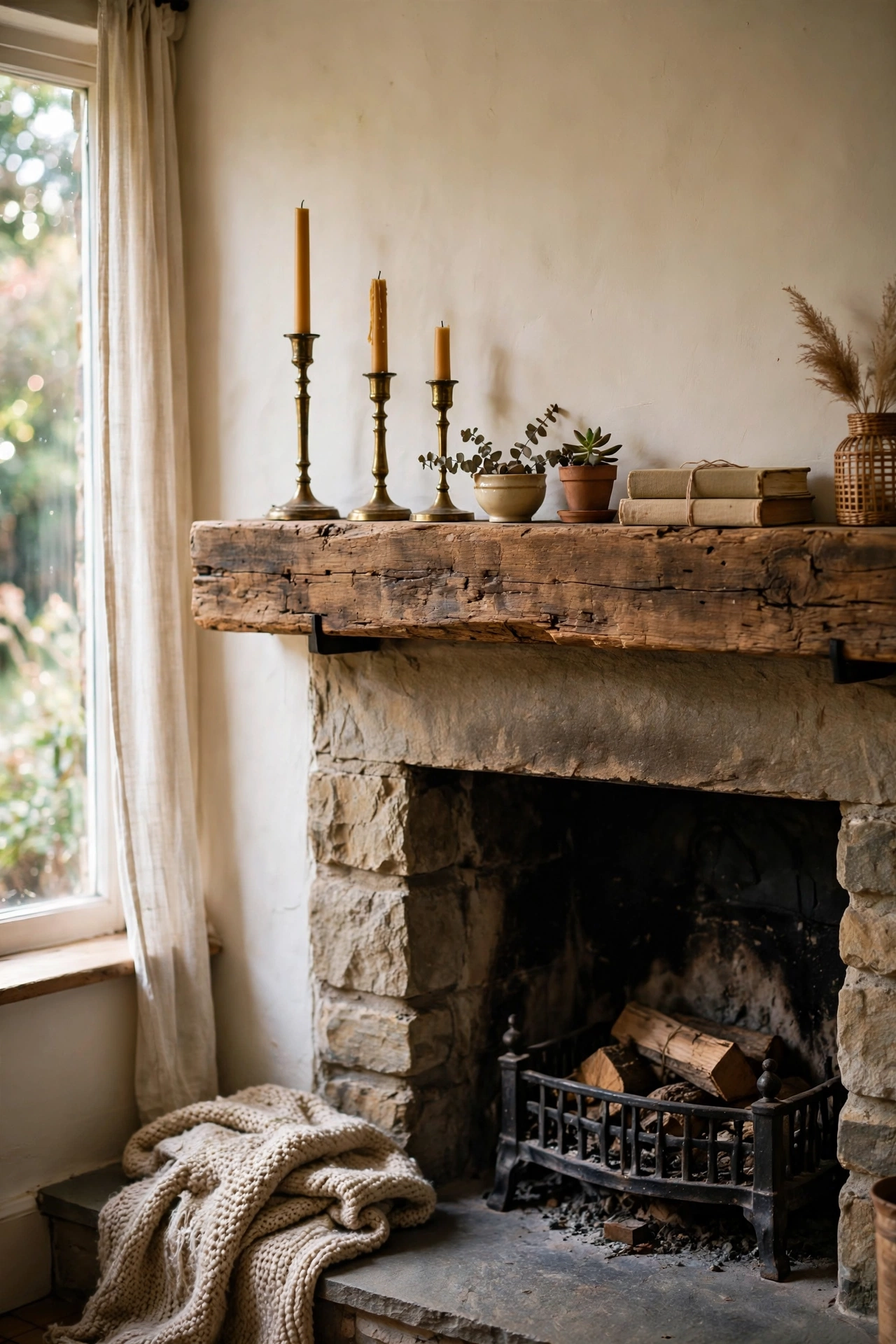 Chunky reclaimed wood beam shelf above a fireplace