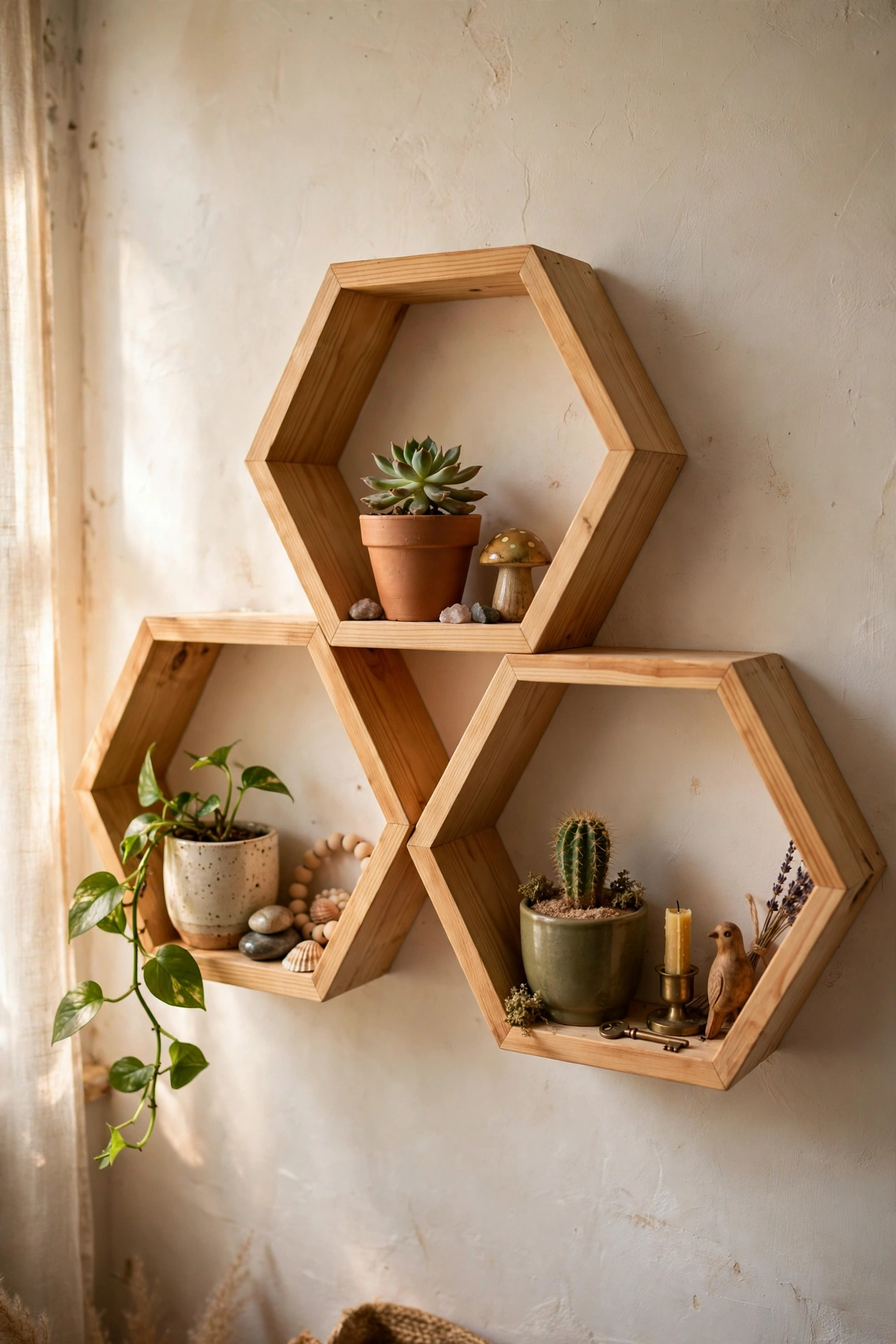 Cluster of honeycomb hexagon wall shelves with small plants