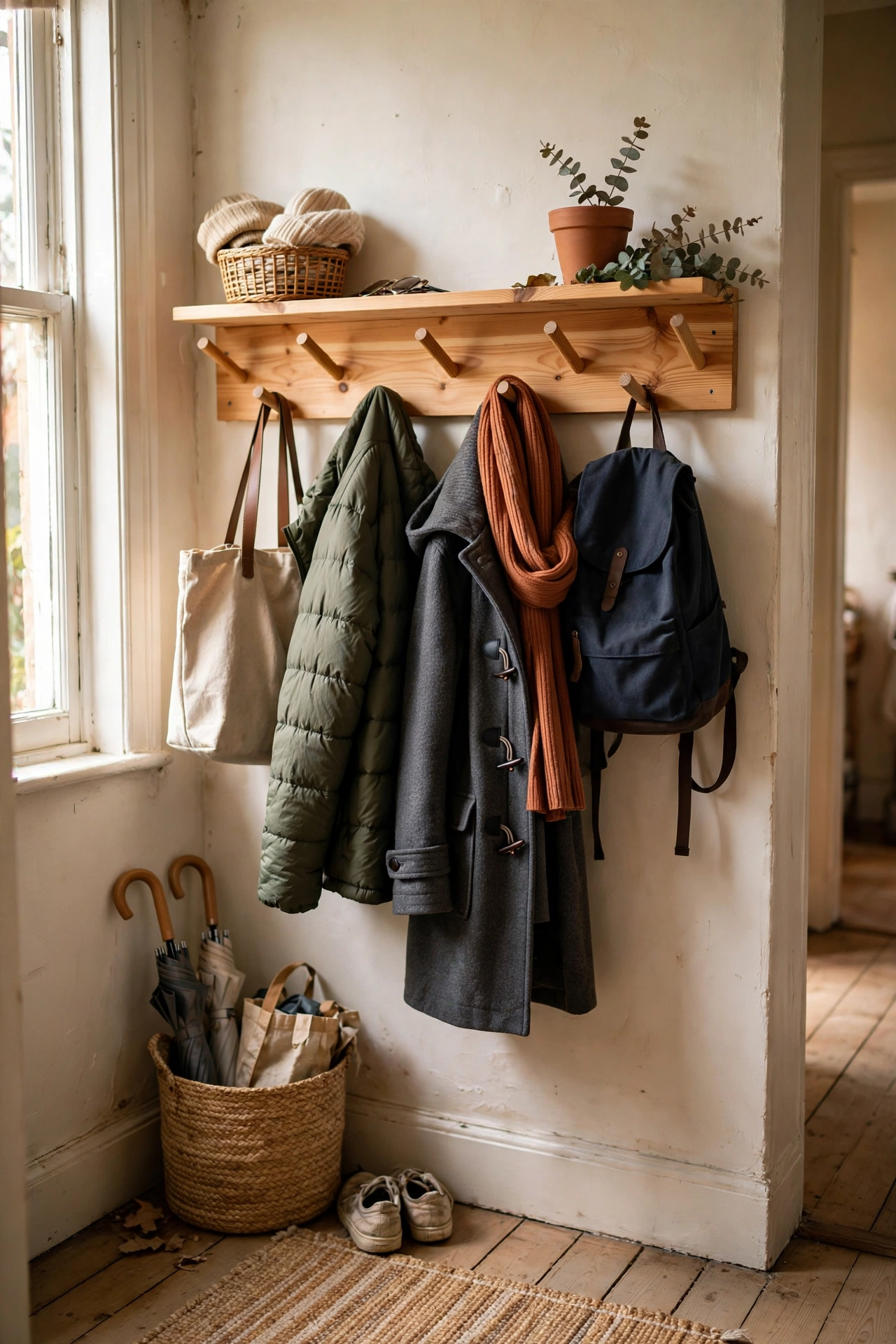 Pine peg shelf with angled dowels holding coats by front door