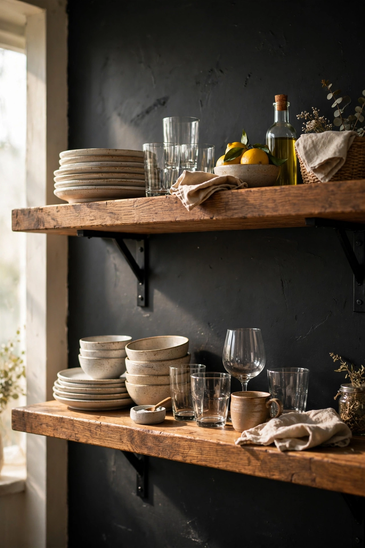 Kitchen open shelving with styled plates and glasses