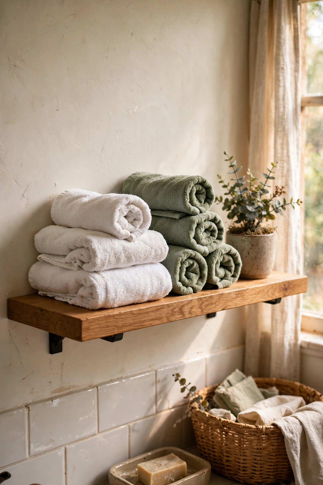Bathroom floating shelf stacked with rolled towels
