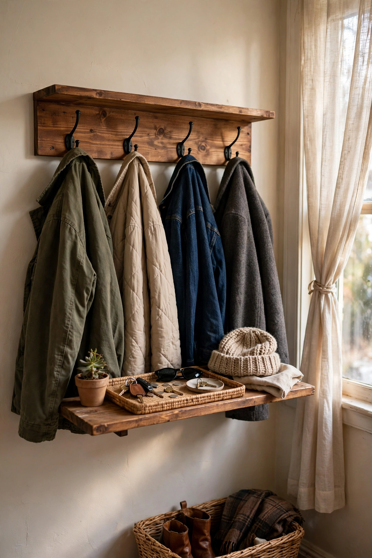 Entryway shelf with black hooks holding coats below
